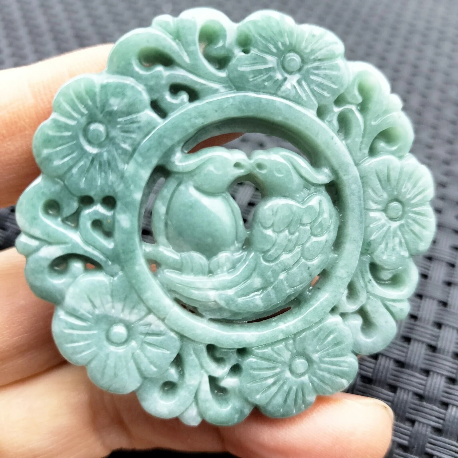 Certified Green Natural Type A Jade Jadeite Carved Double Bird Flower Pendant - Image 2