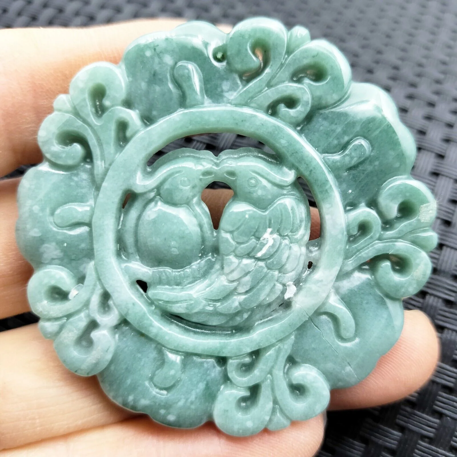 Certified Green Natural Type A Jade Jadeite Carved Double Bird Flower Pendant - Image 3
