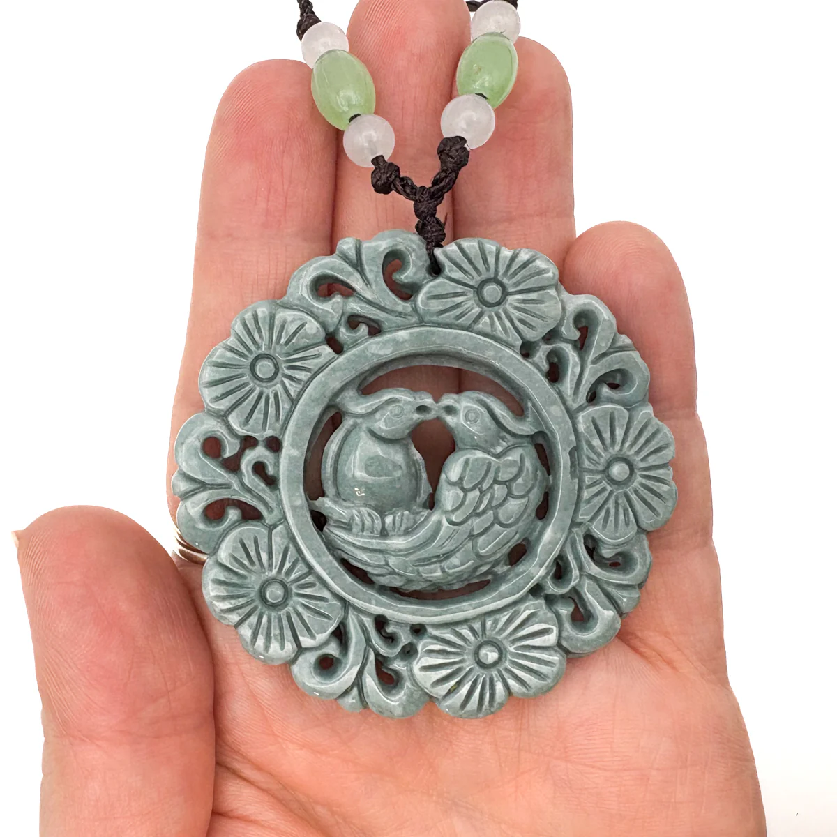 Certified Green Natural Type A Jade Jadeite Carved Double Bird Flower Pendant - Image 10