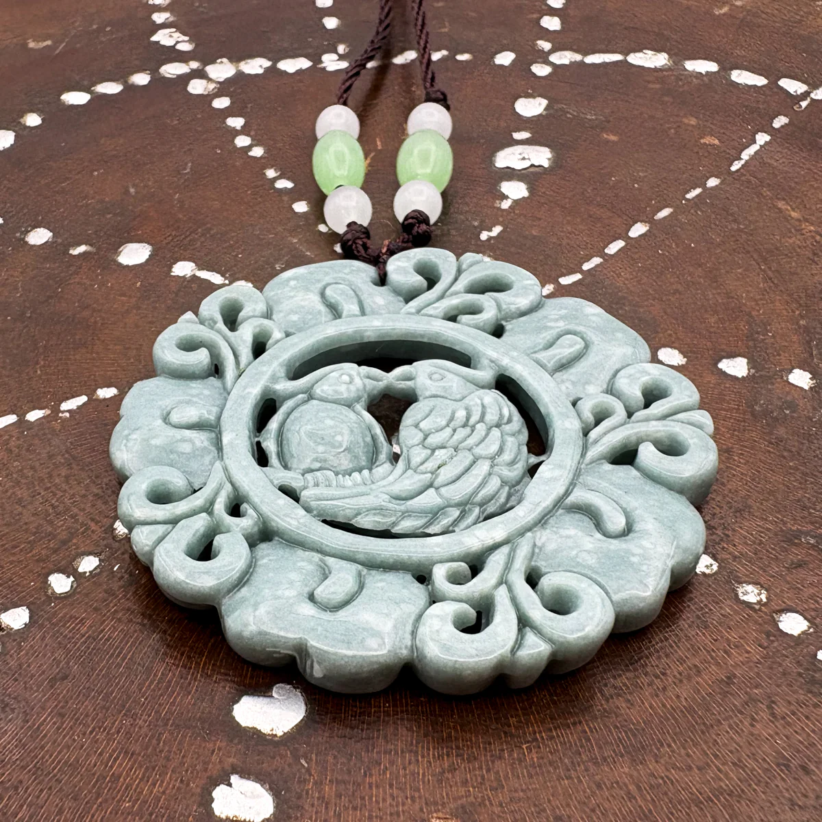 Certified Green Natural Type A Jade Jadeite Carved Double Bird Flower Pendant - Image 12