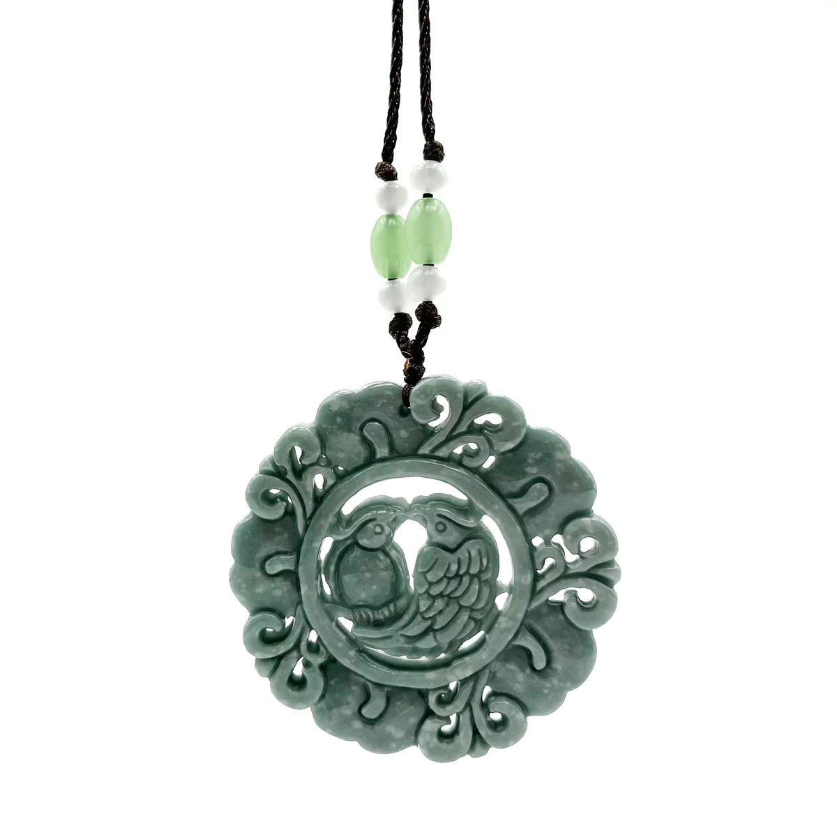 Certified Green Natural Type A Jade Jadeite Carved Double Bird Flower Pendant - Image 2