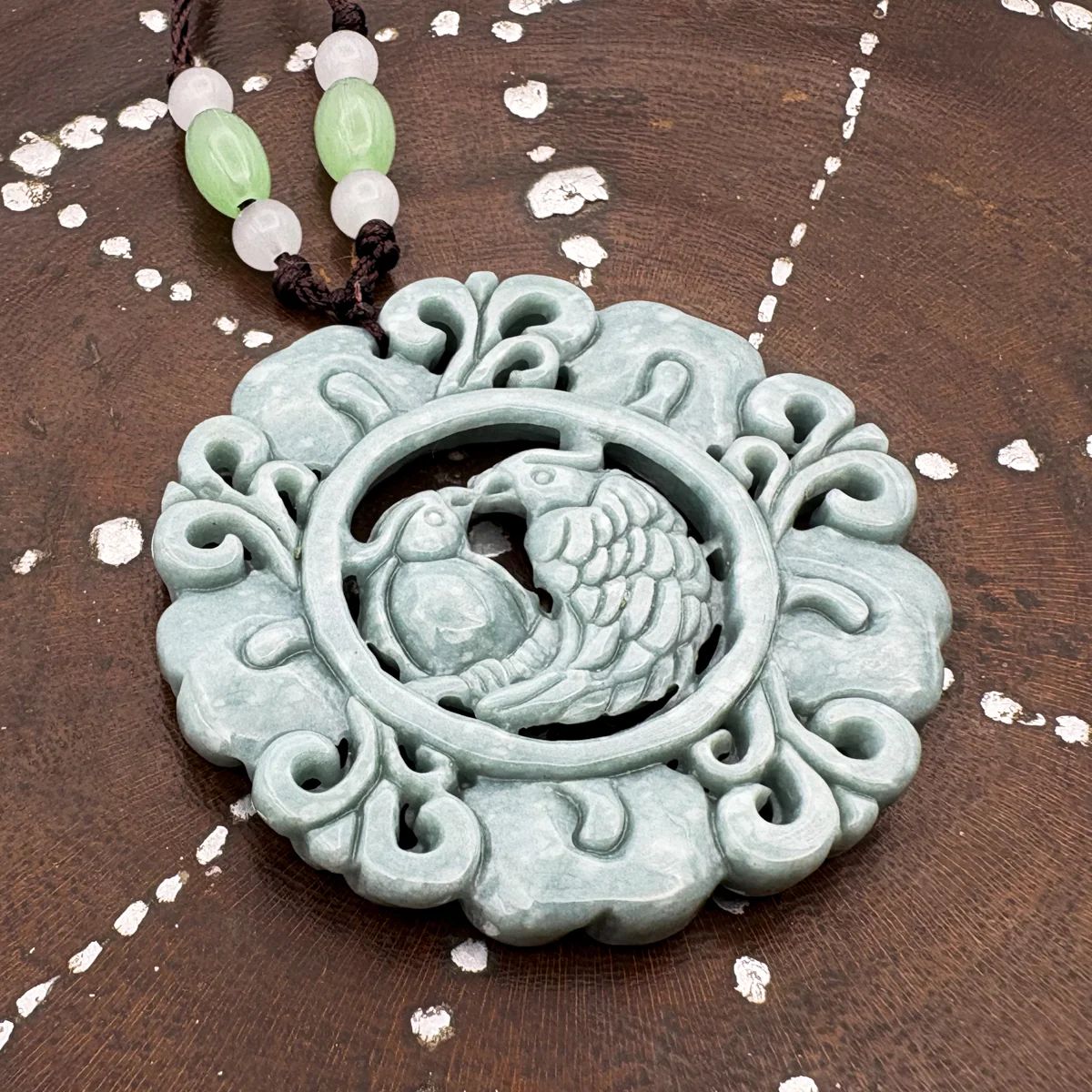 Certified Green Natural Type A Jade Jadeite Carved Double Bird Flower Pendant - Image 3