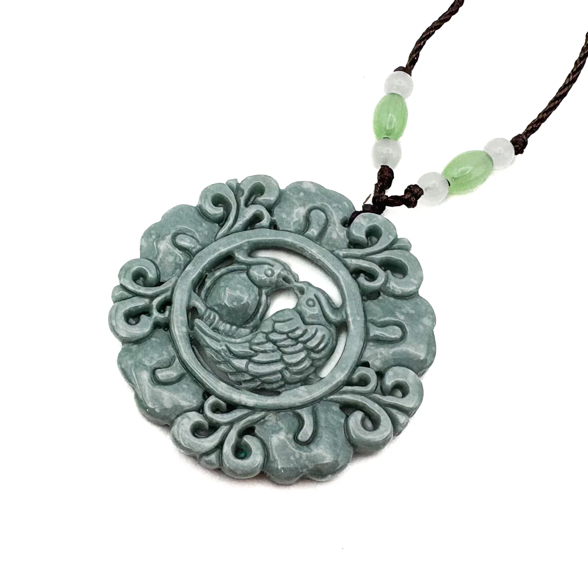 Certified Green Natural Type A Jade Jadeite Carved Double Bird Flower Pendant - Image 5