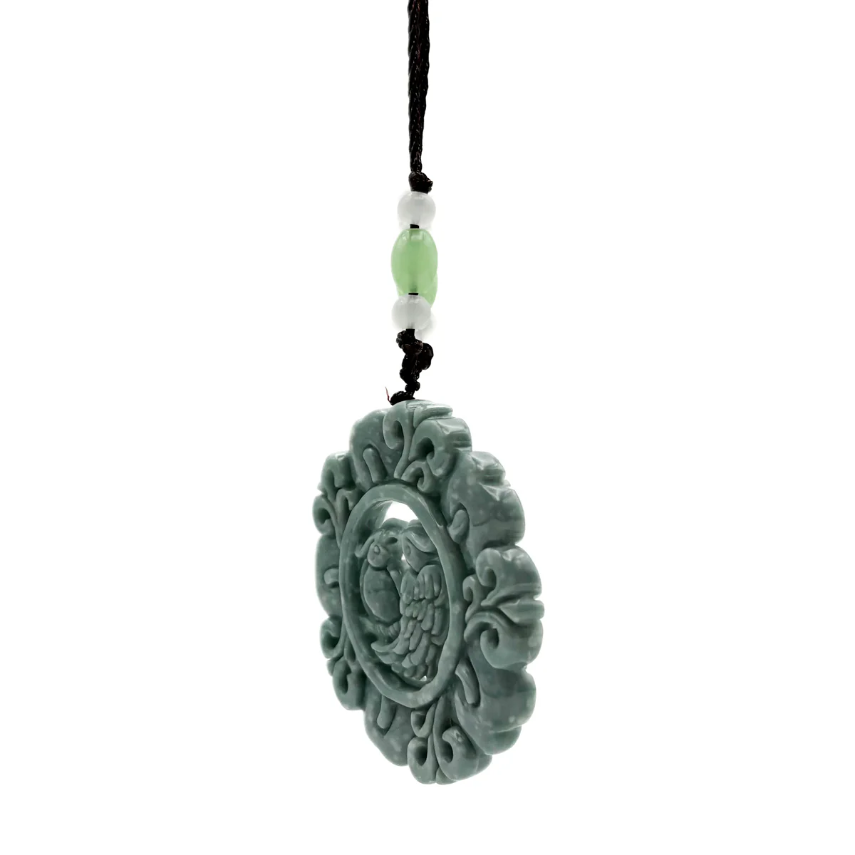 Certified Green Natural Type A Jade Jadeite Carved Double Bird Flower Pendant - Image 7