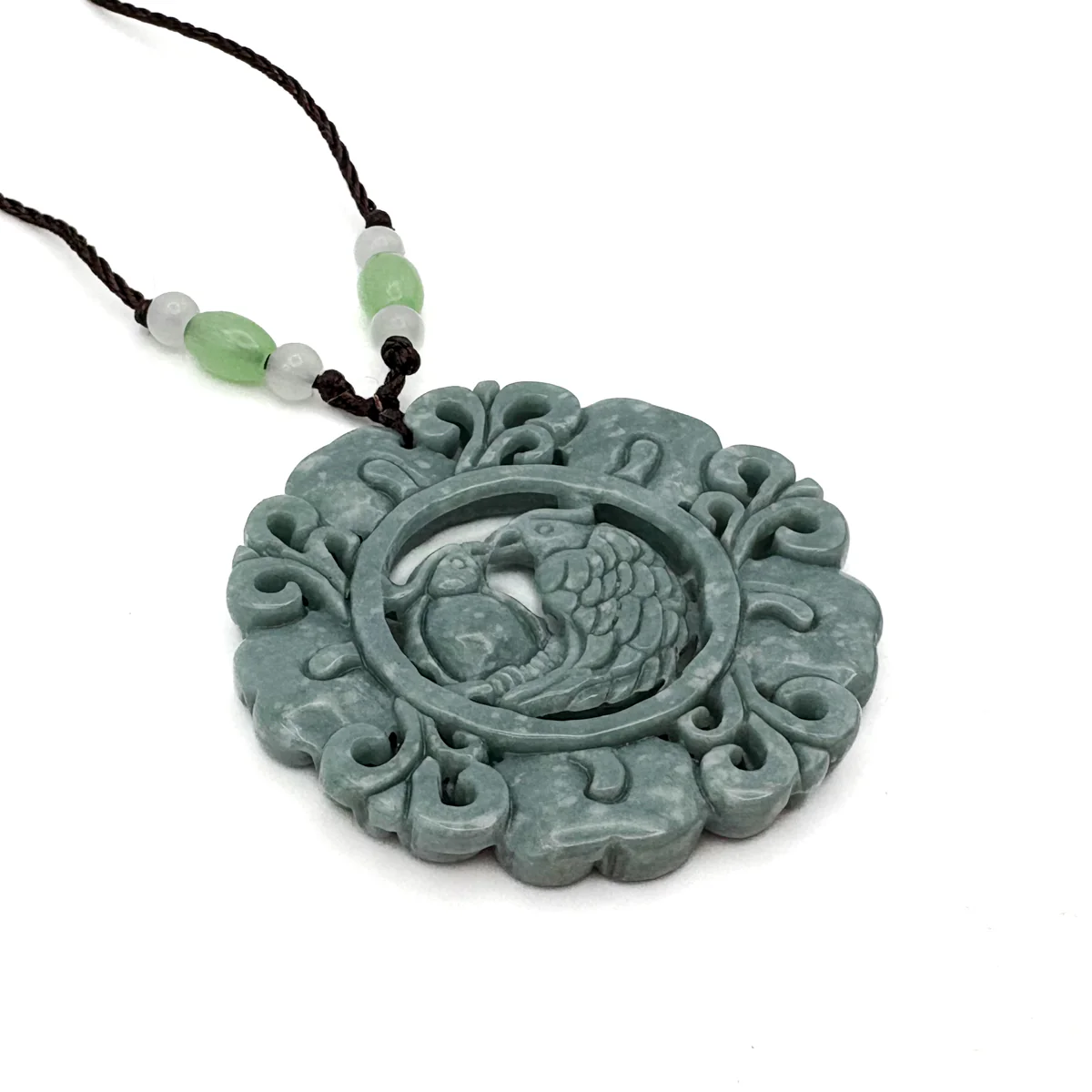Certified Green Natural Type A Jade Jadeite Carved Double Bird Flower Pendant - Image 8