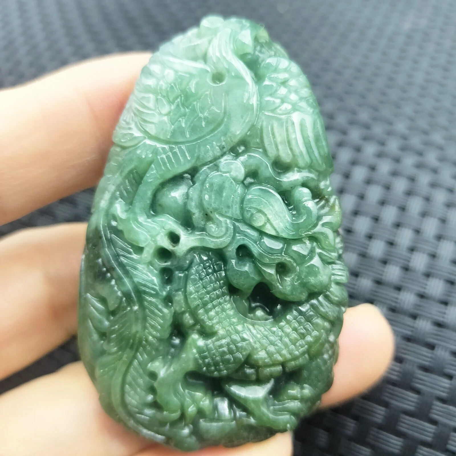 Certified Green Natural Type A Jade Jadeite Carved Dragon Phoenix Pendant - Image 2