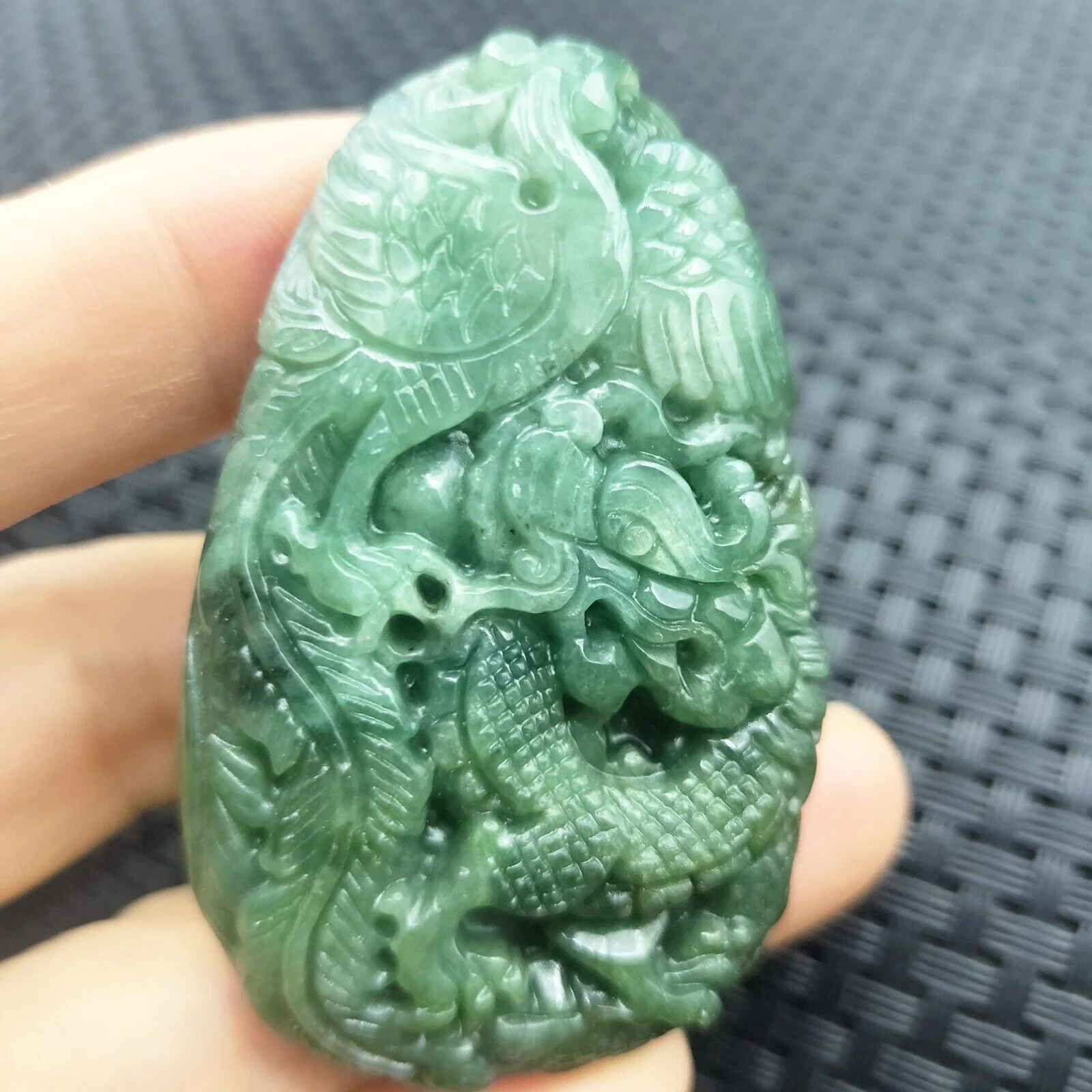Certified Green Natural Type A Jade Jadeite Carved Dragon Phoenix Pendant - Image 3
