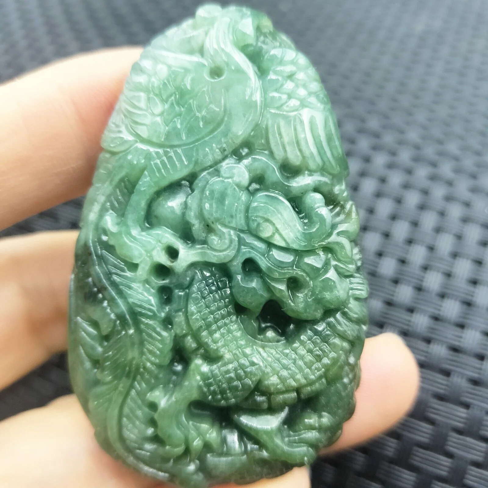 Certified Green Natural Type A Jade Jadeite Carved Dragon Phoenix Pendant - Image 4