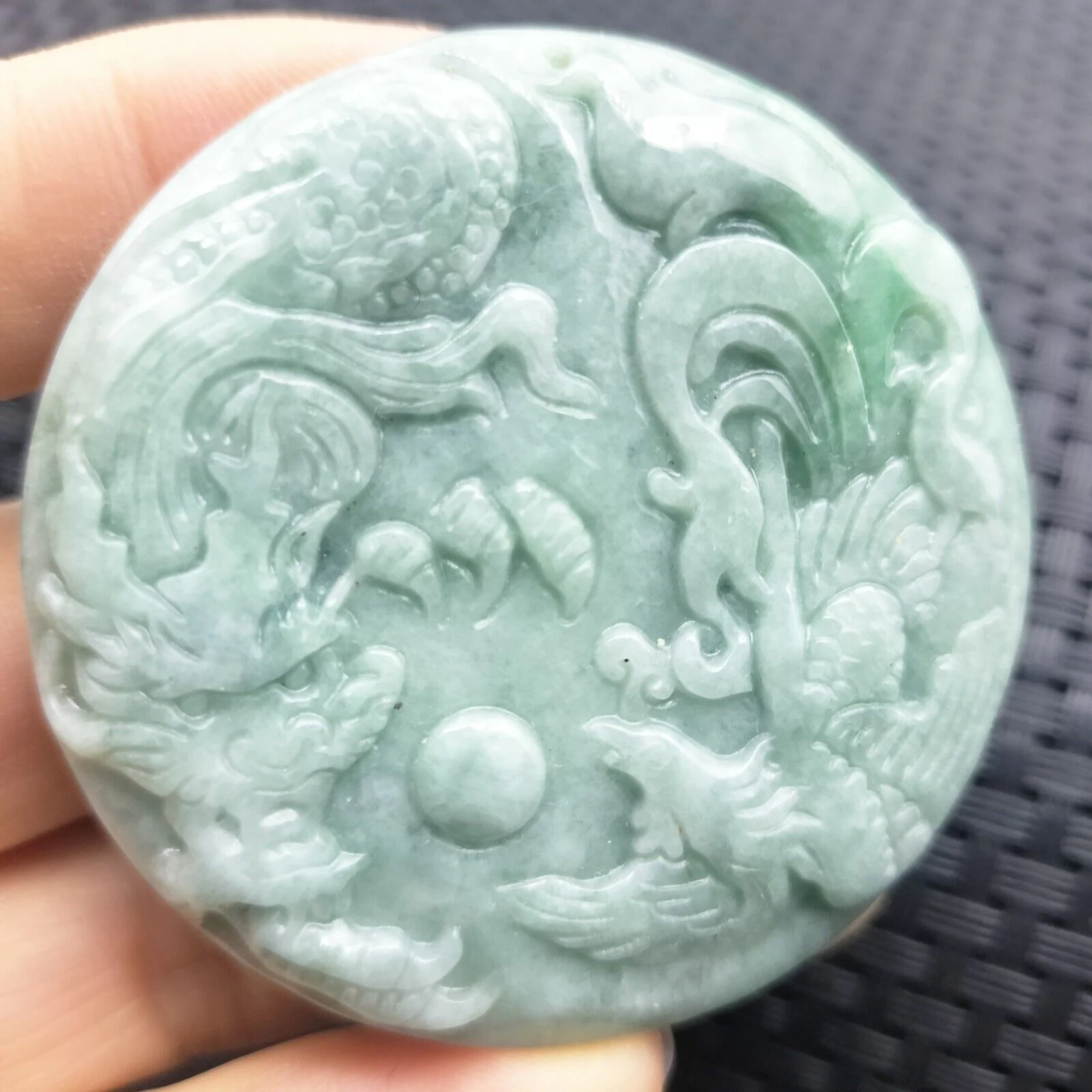 Certified Green Natural Type A Jade Jadeite Carved Dragon Phoenix Pendant - Image 2
