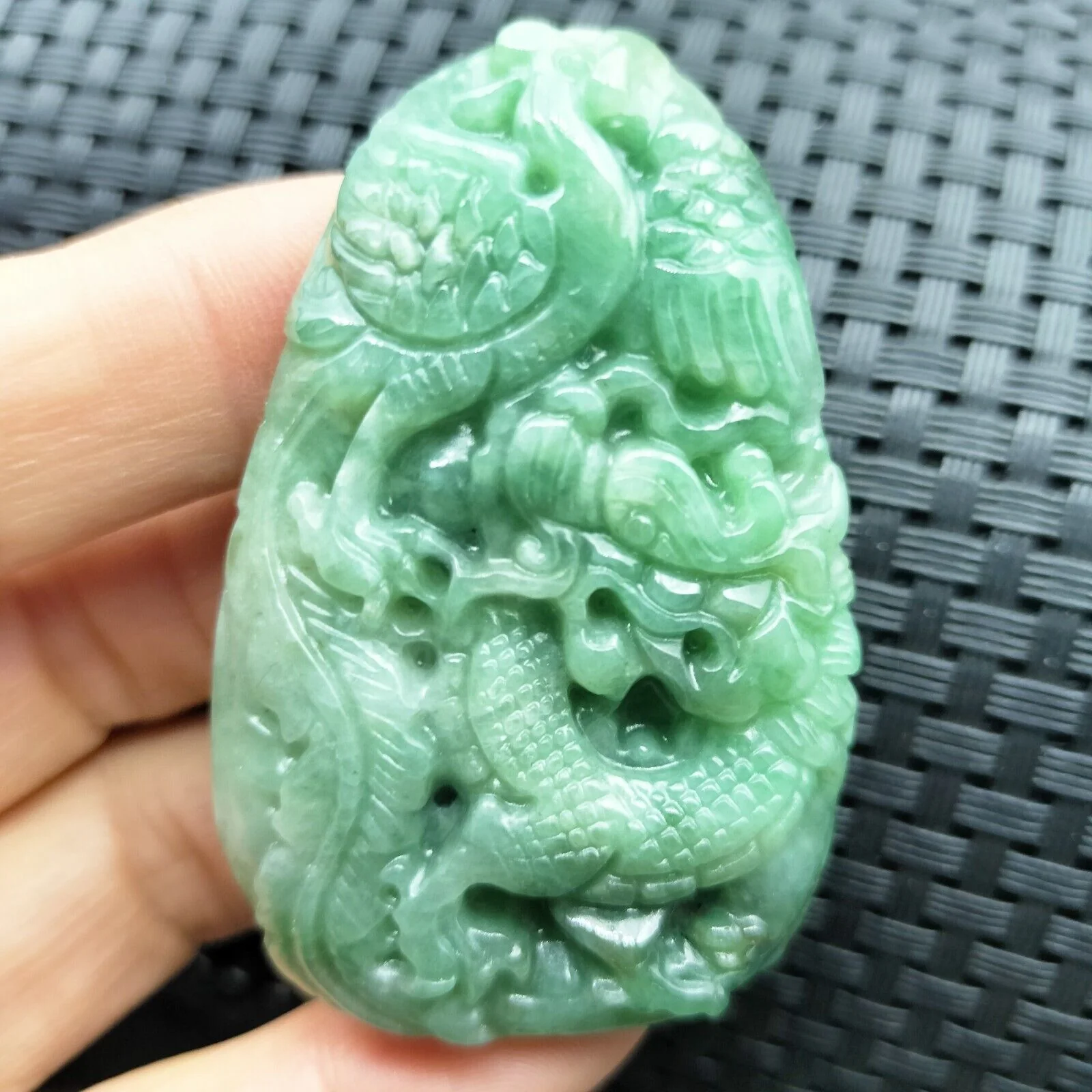 Certified Green Natural Type A Jade Jadeite Carved Dragon Phoenix Pendant - Image 2