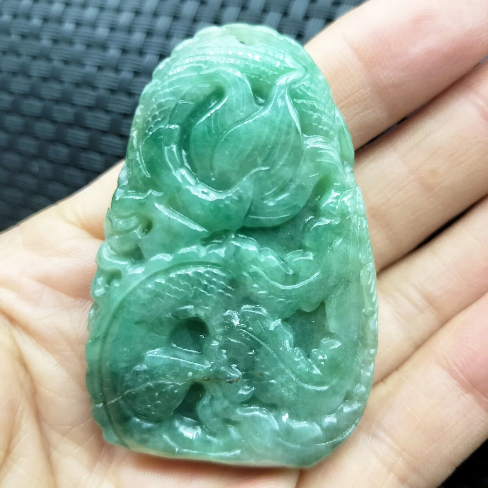Certified Green Natural Type A Jade Jadeite Carved Dragon Phoenix Pendant - Image 5