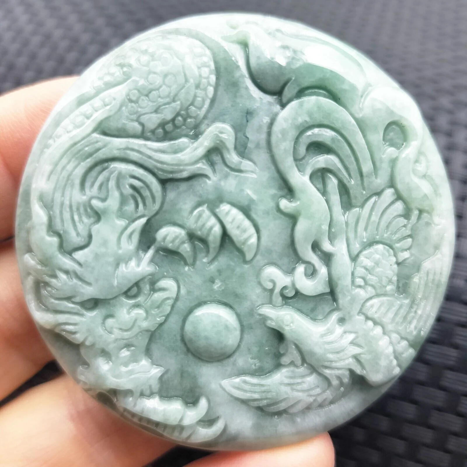 Certified Green Natural Type A Jade Jadeite Carved Dragon Phoenix Pendant - Image 2