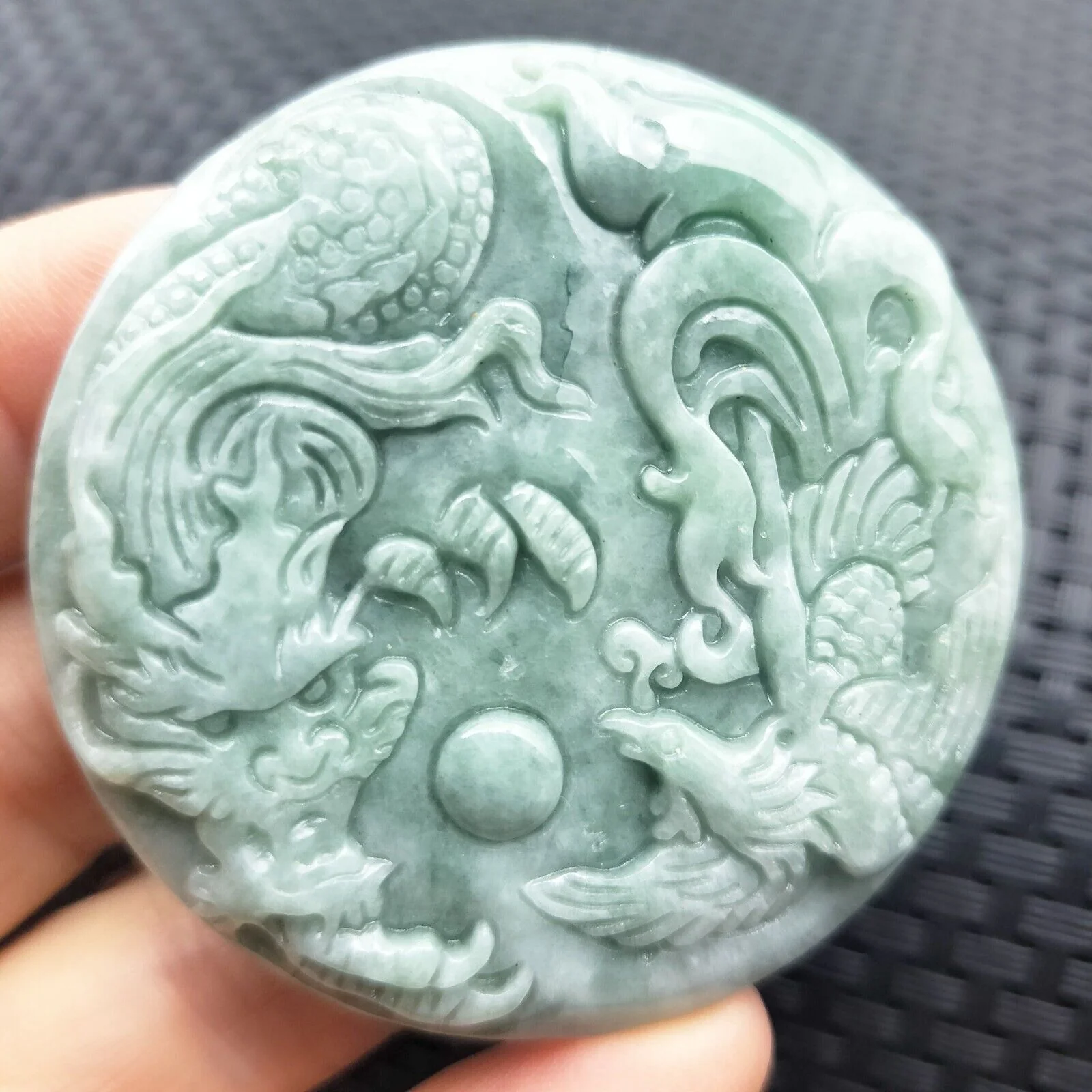 Certified Green Natural Type A Jade Jadeite Carved Dragon Phoenix Pendant - Image 3