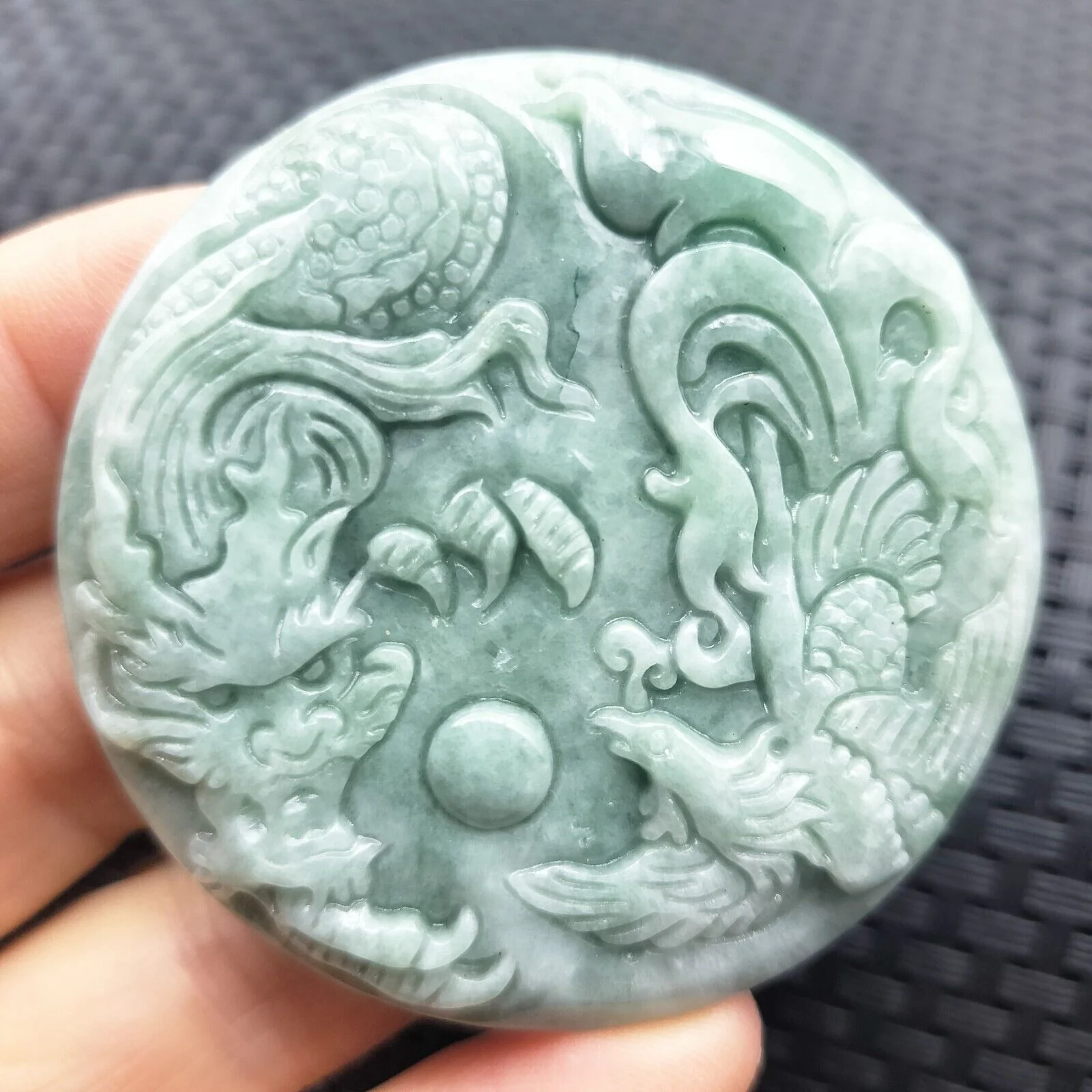 Certified Green Natural Type A Jade Jadeite Carved Dragon Phoenix Pendant - Image 4