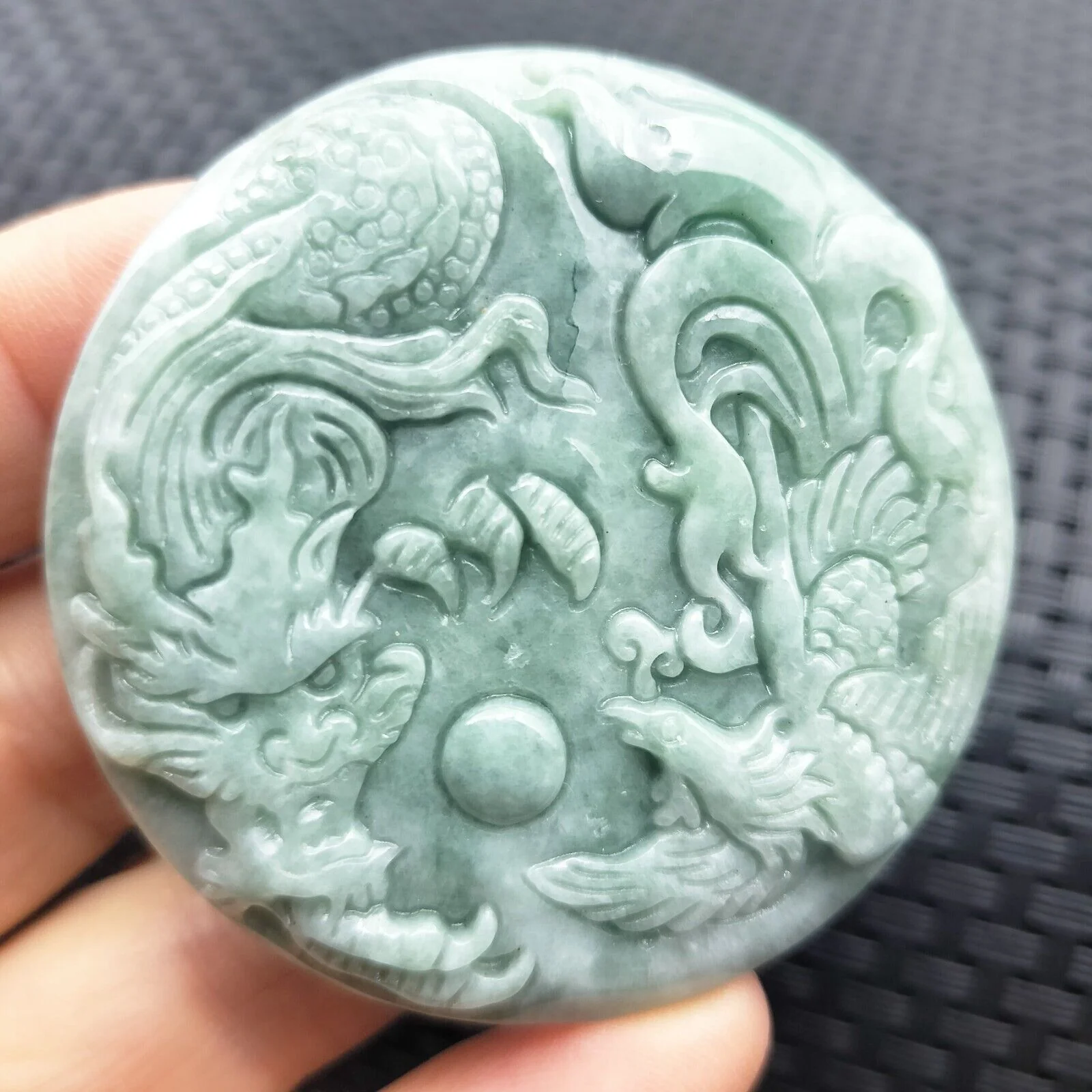 Certified Green Natural Type A Jade Jadeite Carved Dragon Phoenix Pendant - Image 5