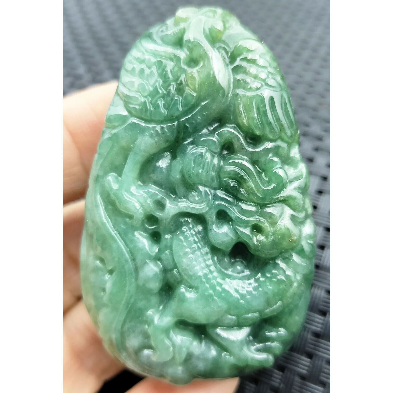 Certified Green Natural Type A Jade Jadeite Carved Dragon Phoenix Pendant - Image 2