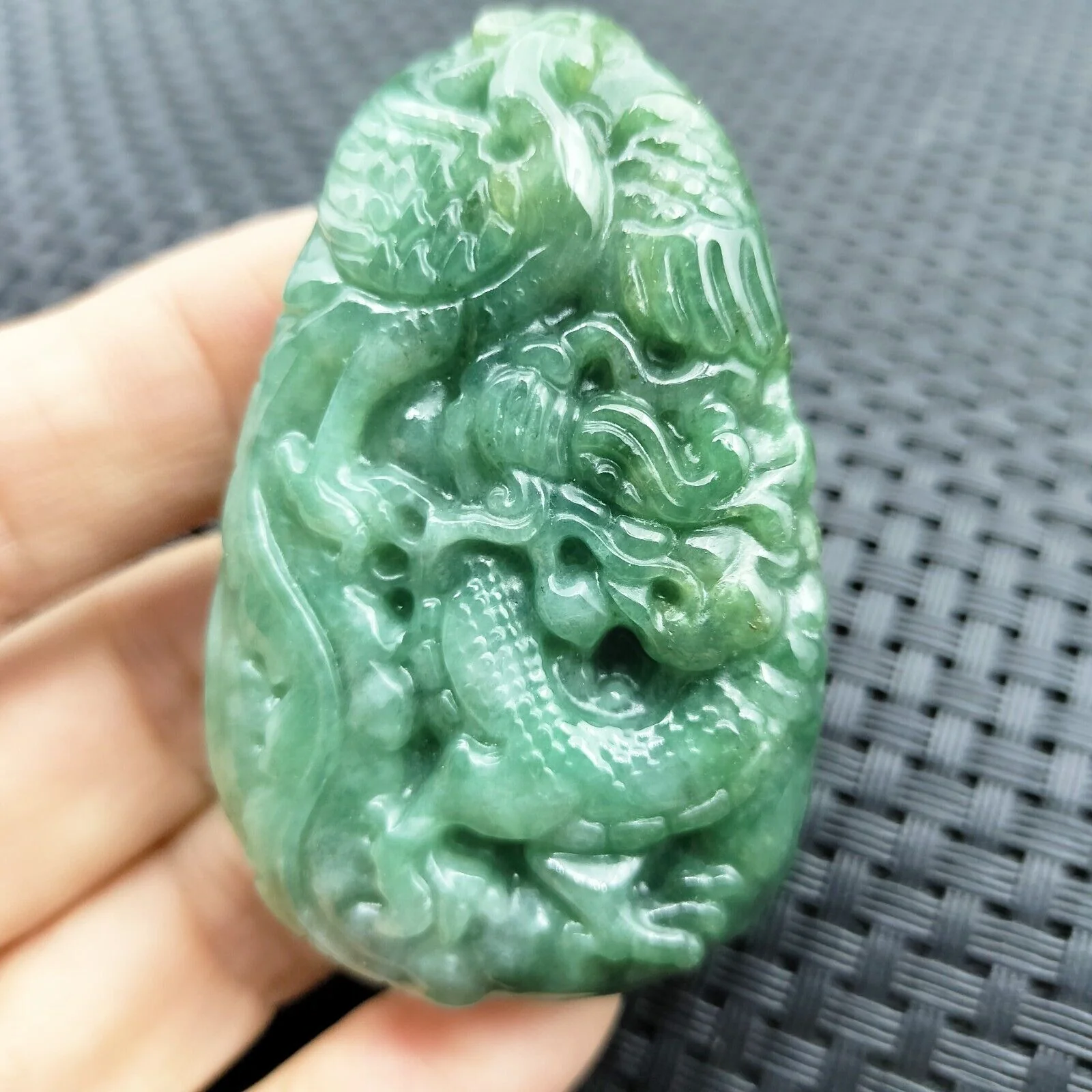 Certified Green Natural Type A Jade Jadeite Carved Dragon Phoenix Pendant - Image 3