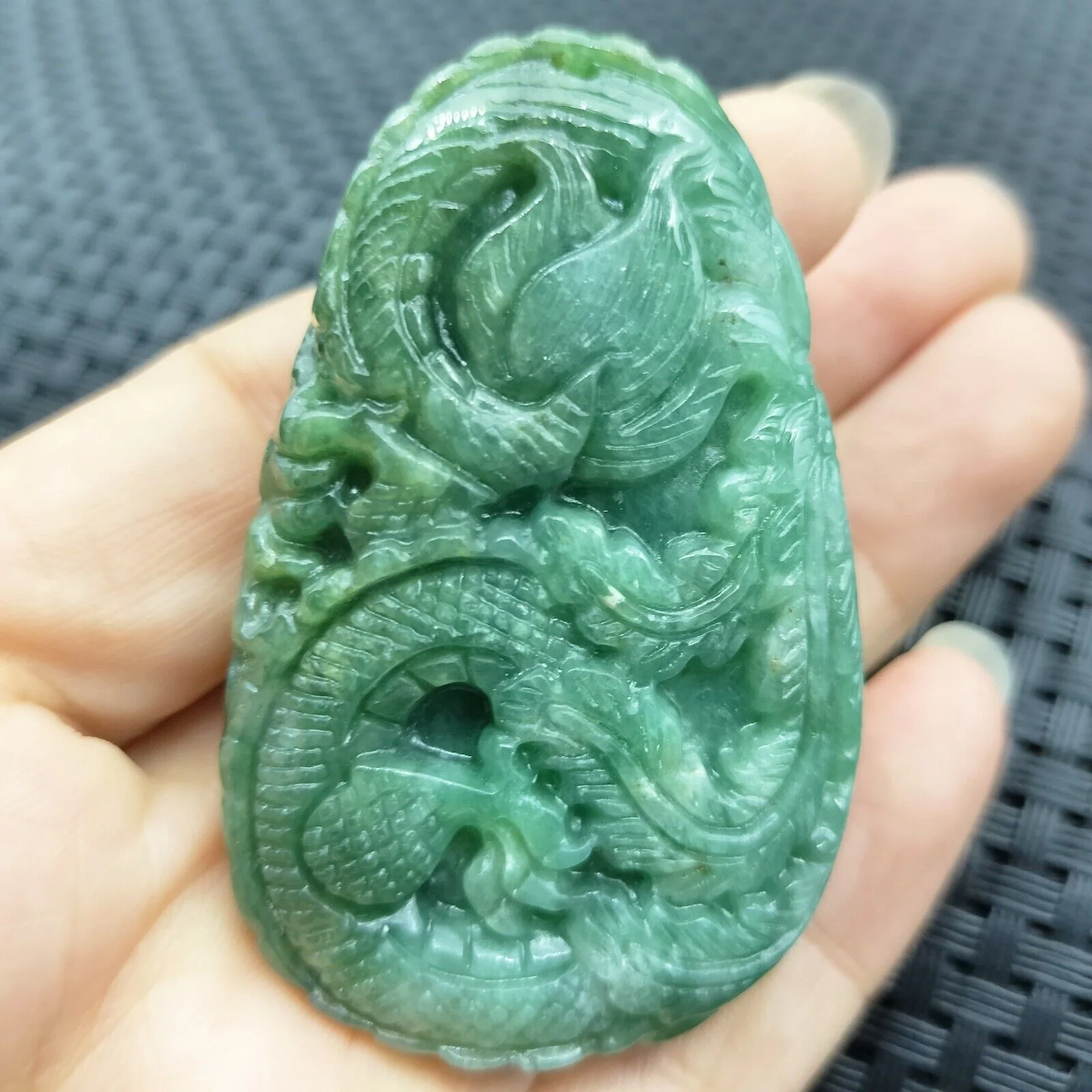Certified Green Natural Type A Jade Jadeite Carved Dragon Phoenix Pendant - Image 2