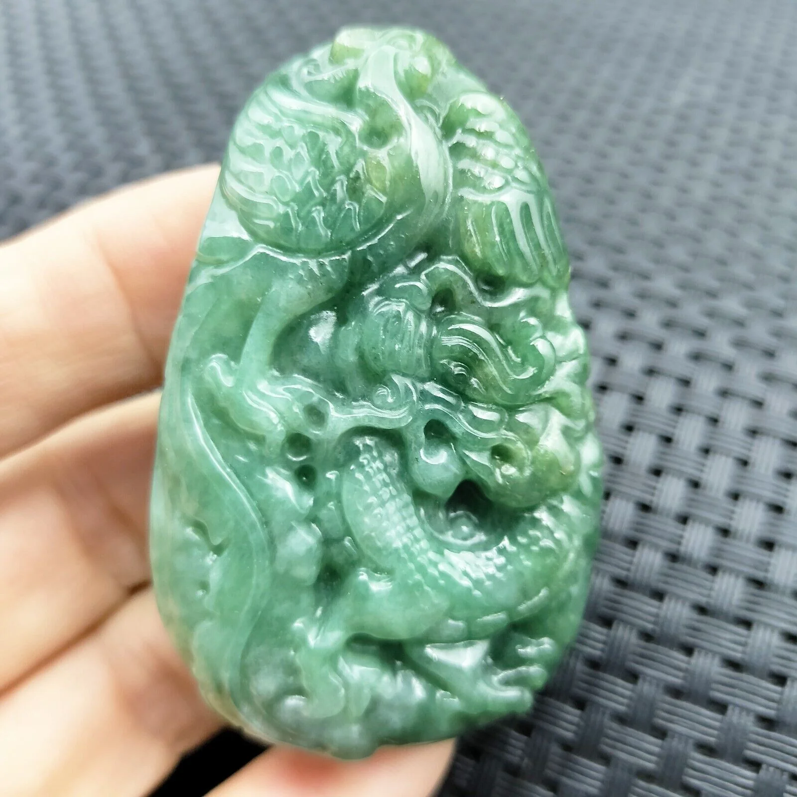 Certified Green Natural Type A Jade Jadeite Carved Dragon Phoenix Pendant - Image 3