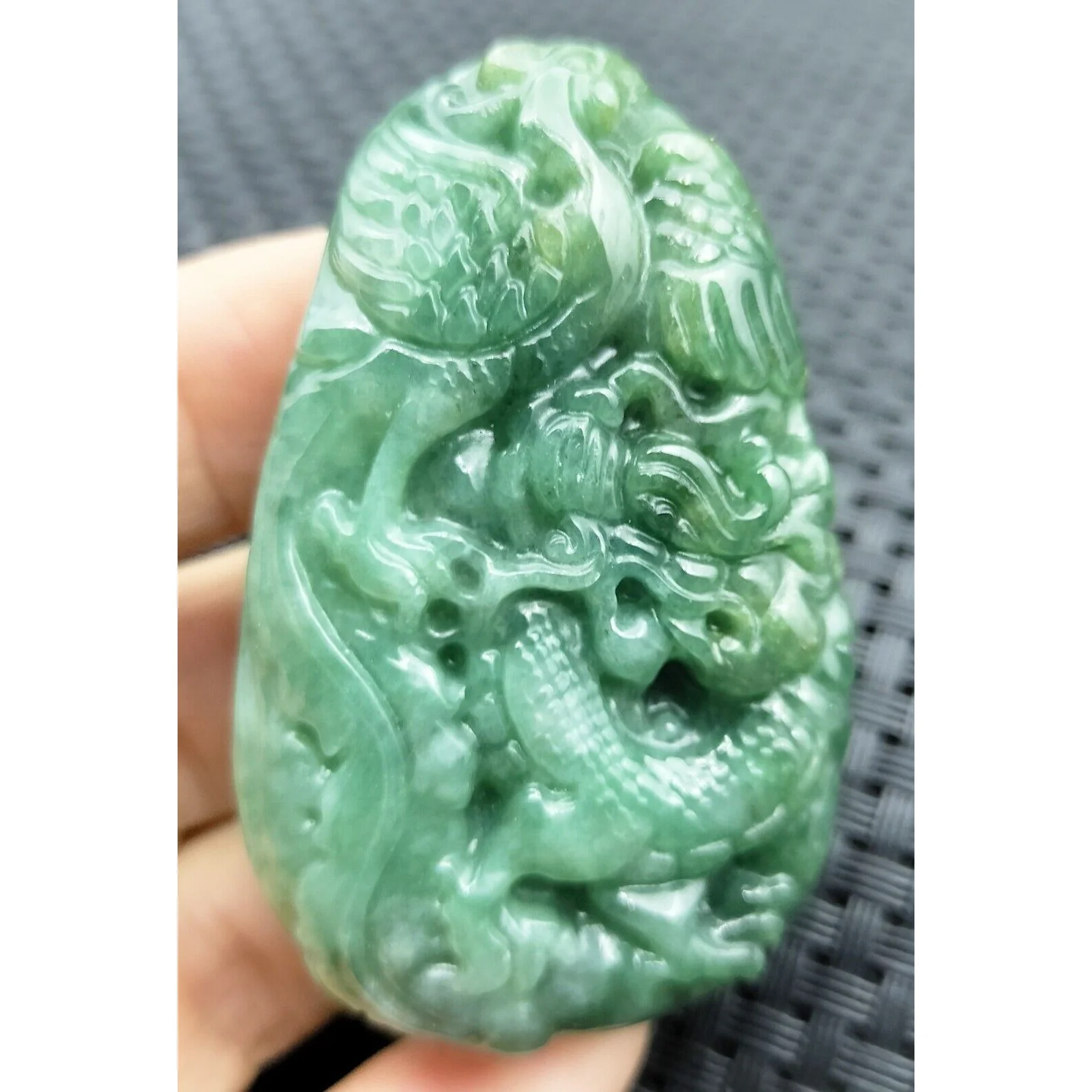 Certified Green Natural Type A Jade Jadeite Carved Dragon Phoenix Pendant - Image 4