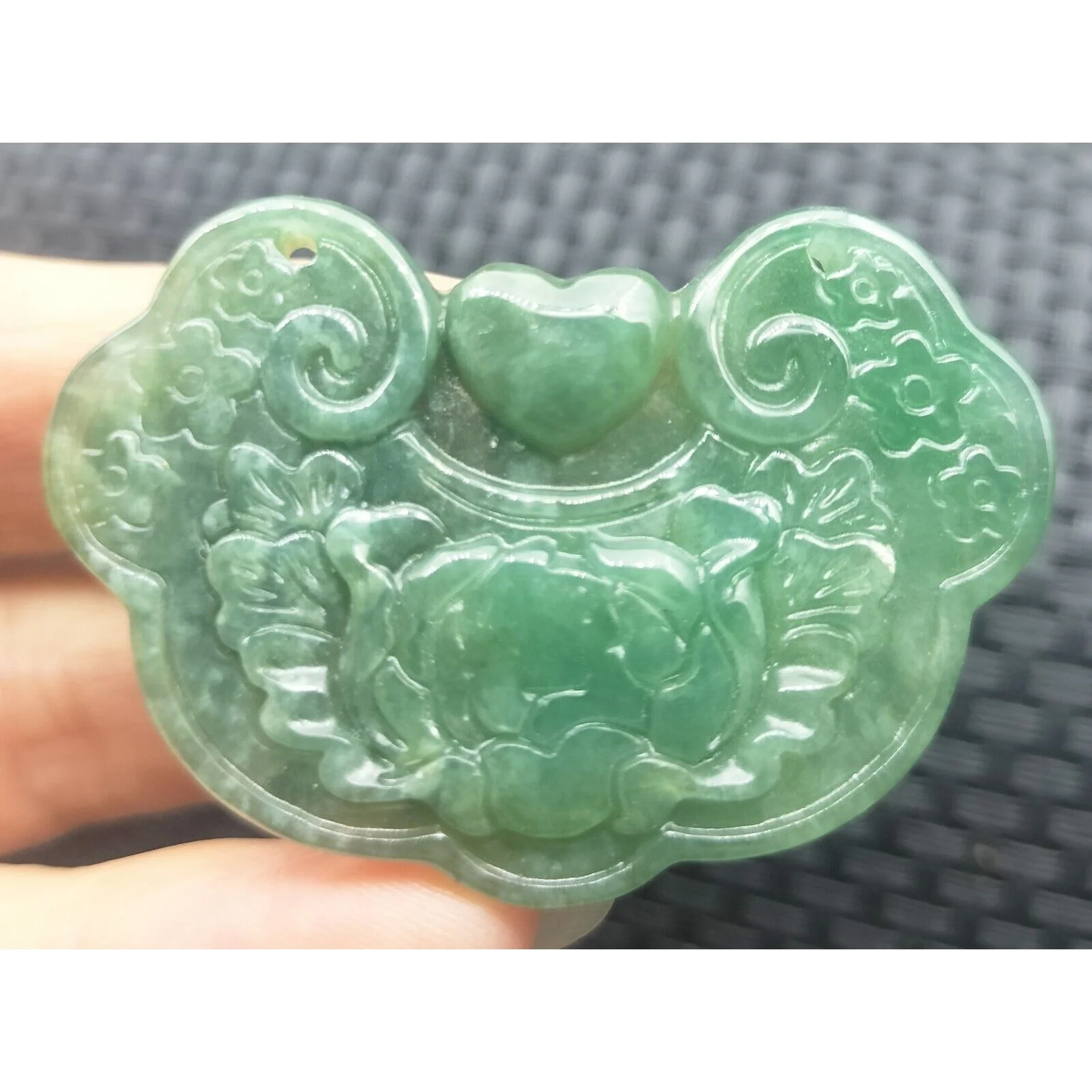 Certified Green Natural Type A Jade Jadeite Carved Flower Lock Pendant - Image 2