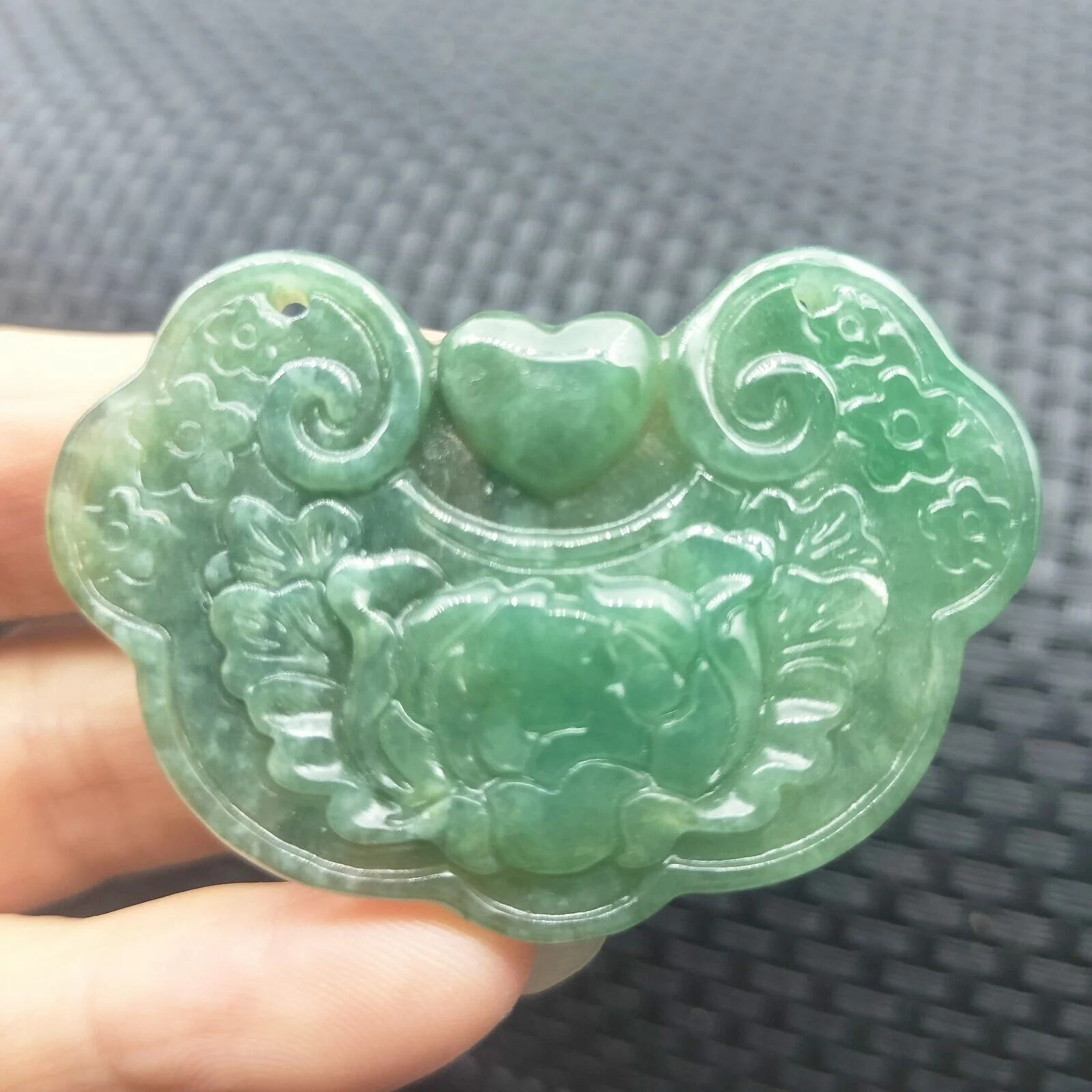 Certified Green Natural Type A Jade Jadeite Carved Flower Lock Pendant - Image 3