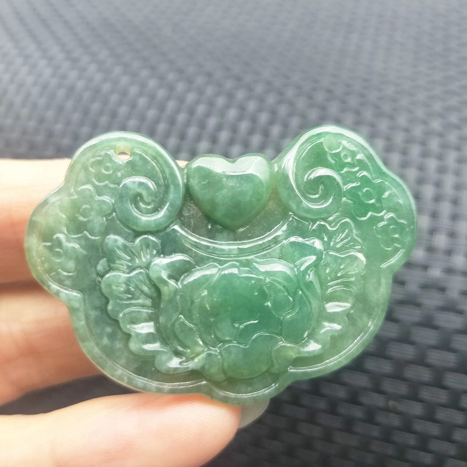 Certified Green Natural Type A Jade Jadeite Carved Flower Lock Pendant - Image 4
