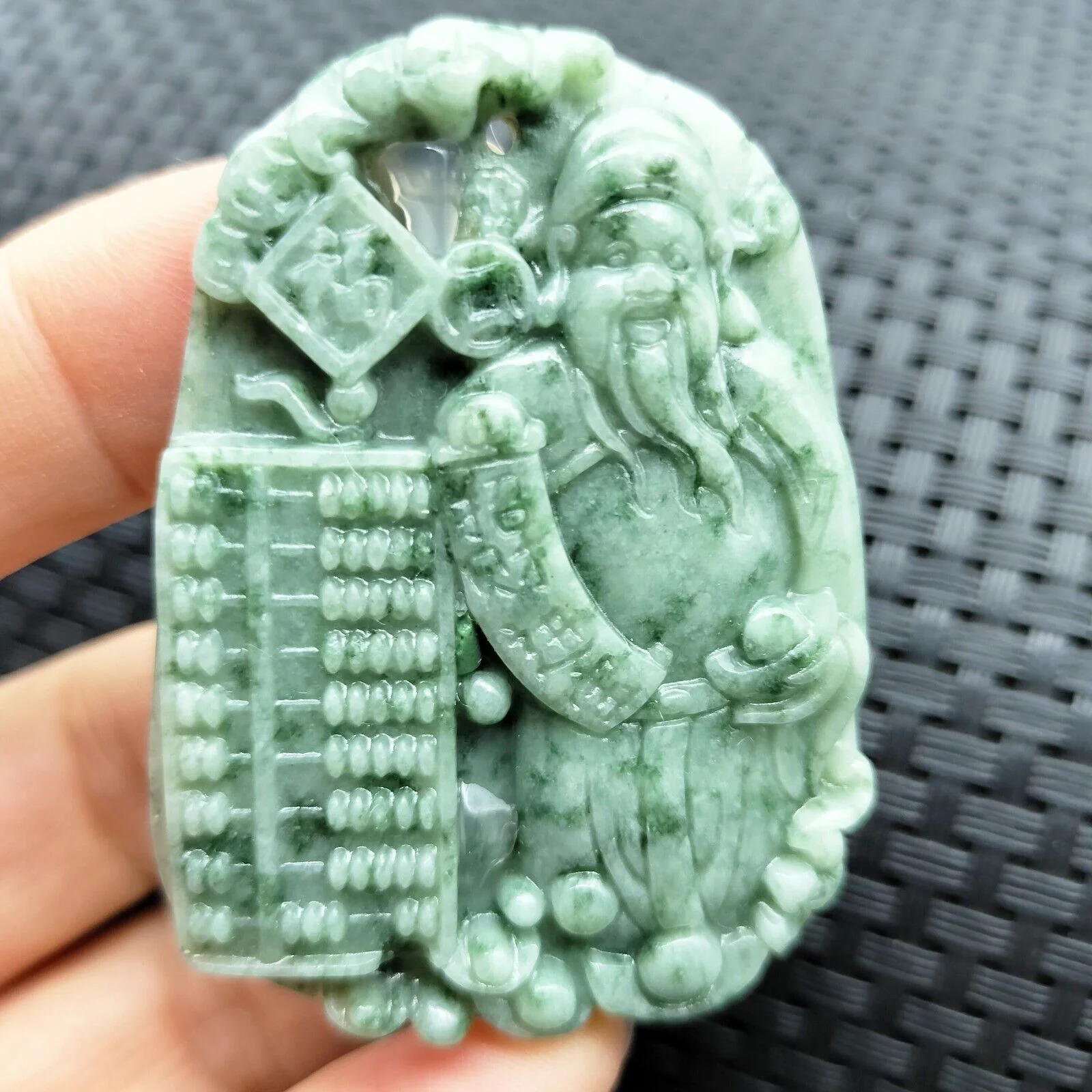 Certified Green Natural Type A Jade Jadeite Carved God Of Wealth Abacus Pendant - Image 2