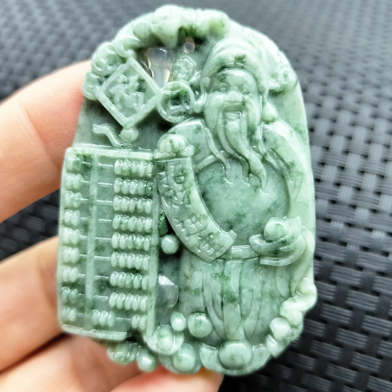 Certified Green Natural Type A Jade Jadeite Carved God Of Wealth Abacus Pendant - Image 3
