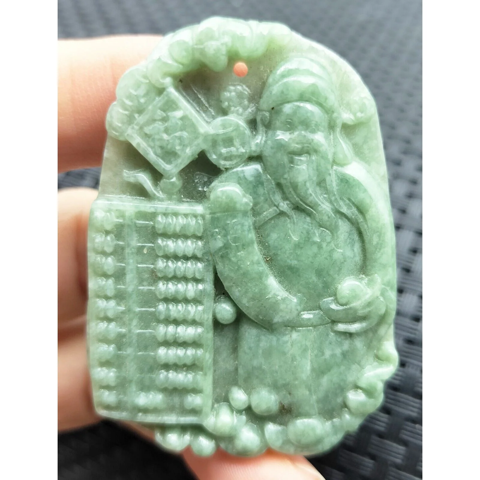 Certified Green Natural Type A Jade Jadeite Carved God Of Wealth Abacus Pendant - Image 2