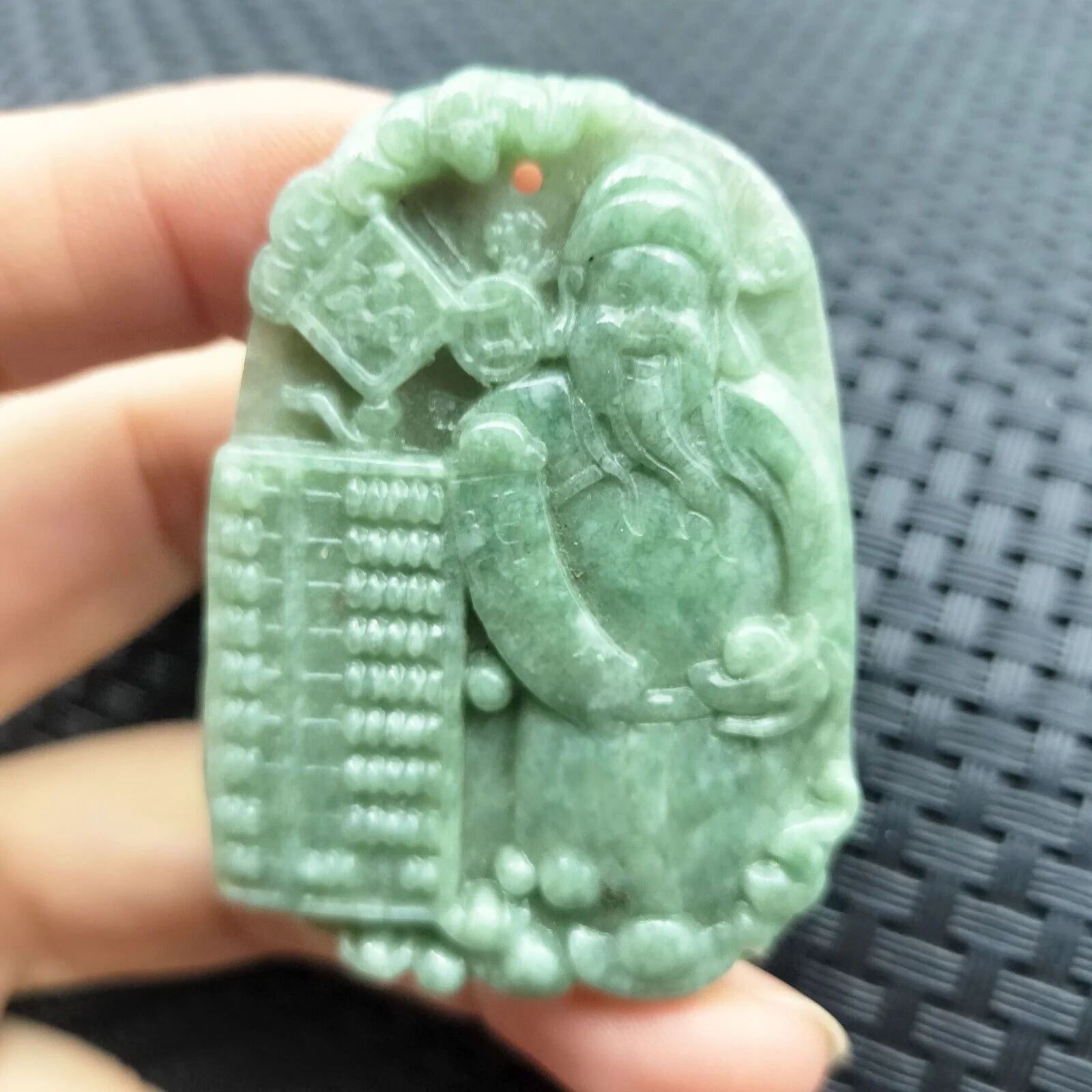 Certified Green Natural Type A Jade Jadeite Carved God Of Wealth Abacus Pendant - Image 3