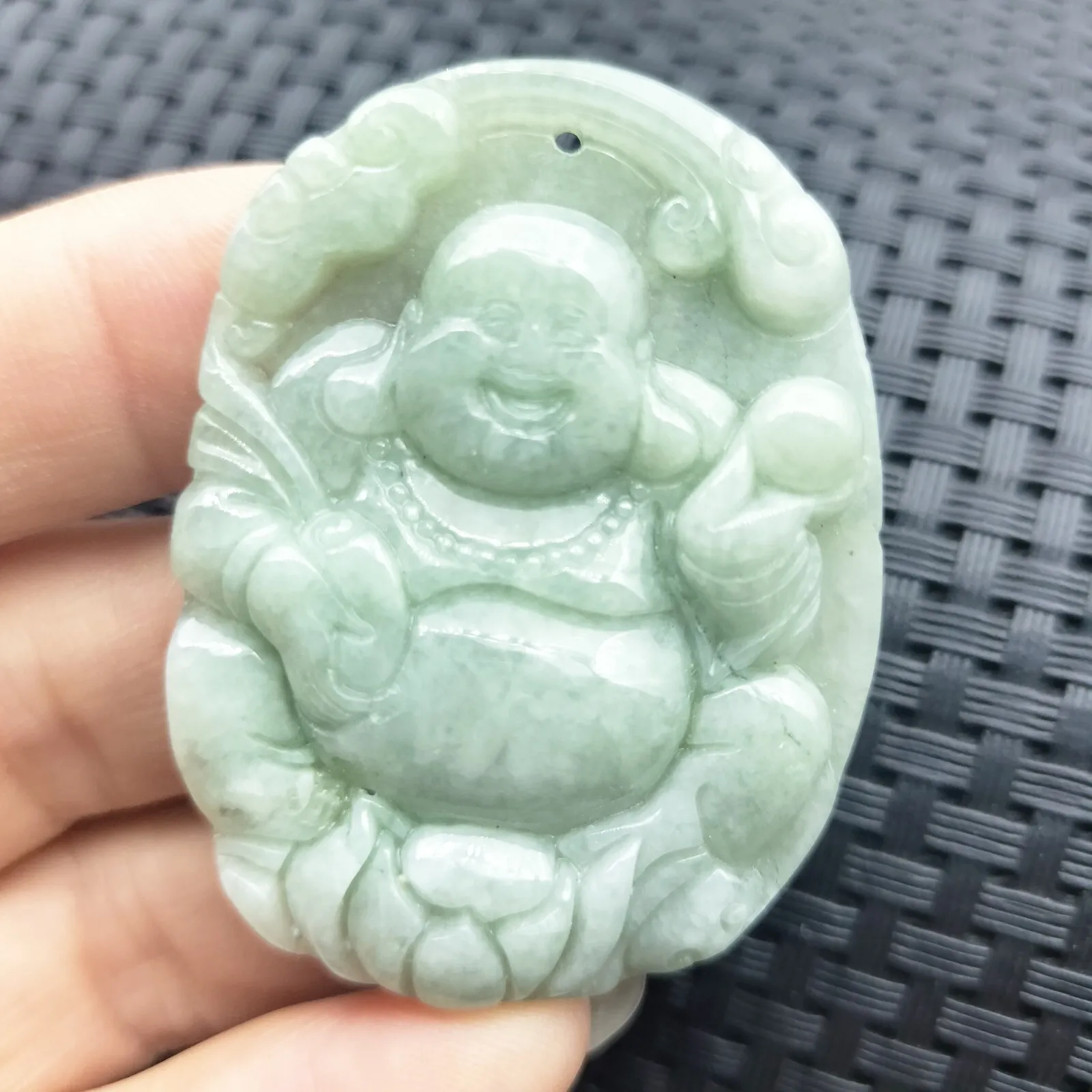 Certified Green Natural Type A Jade Jadeite Carved Happy Buddha God Ruyi Pendant - Image 2