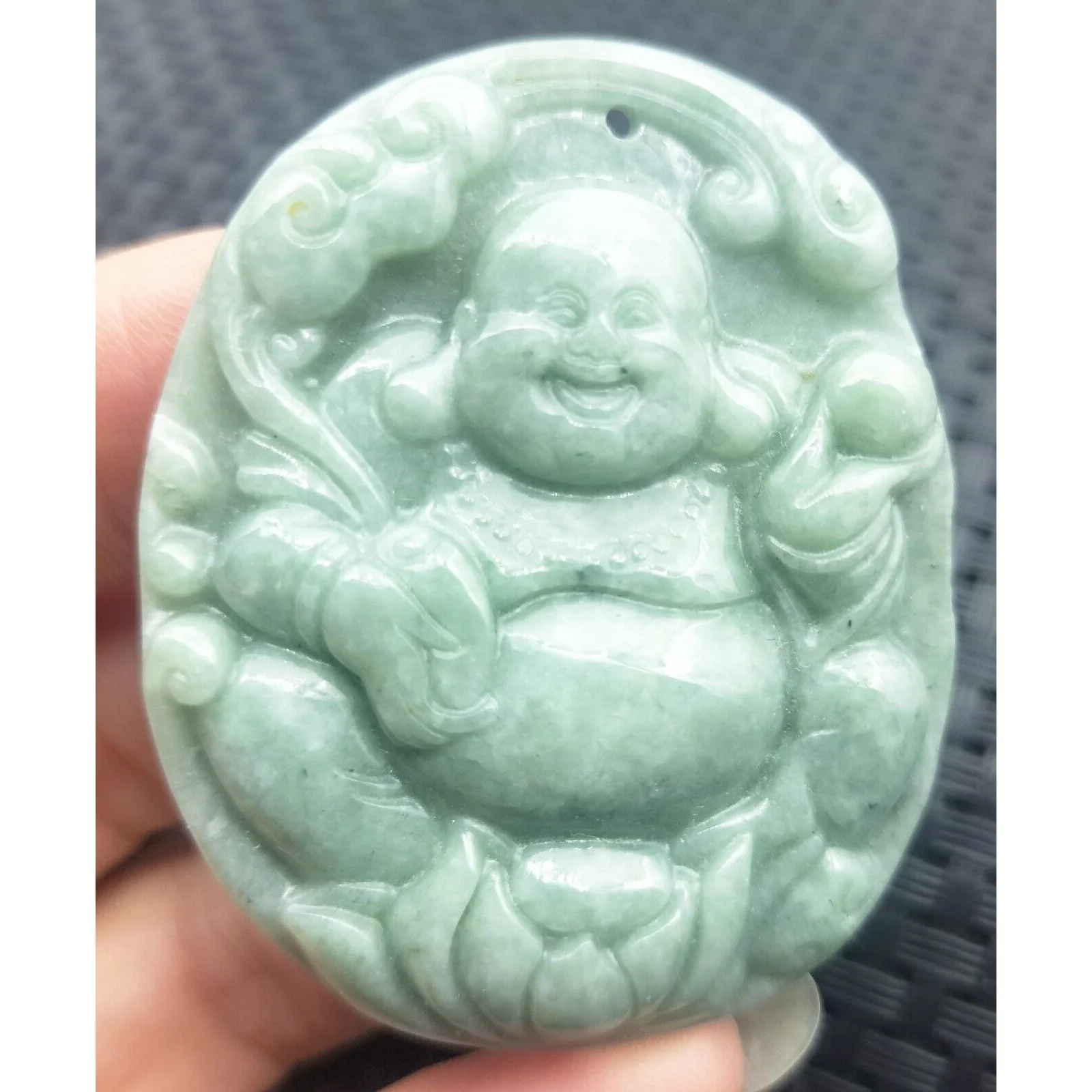 Certified Green Natural Type A Jade Jadeite Carved Happy Buddha God Ruyi Pendant - Image 2