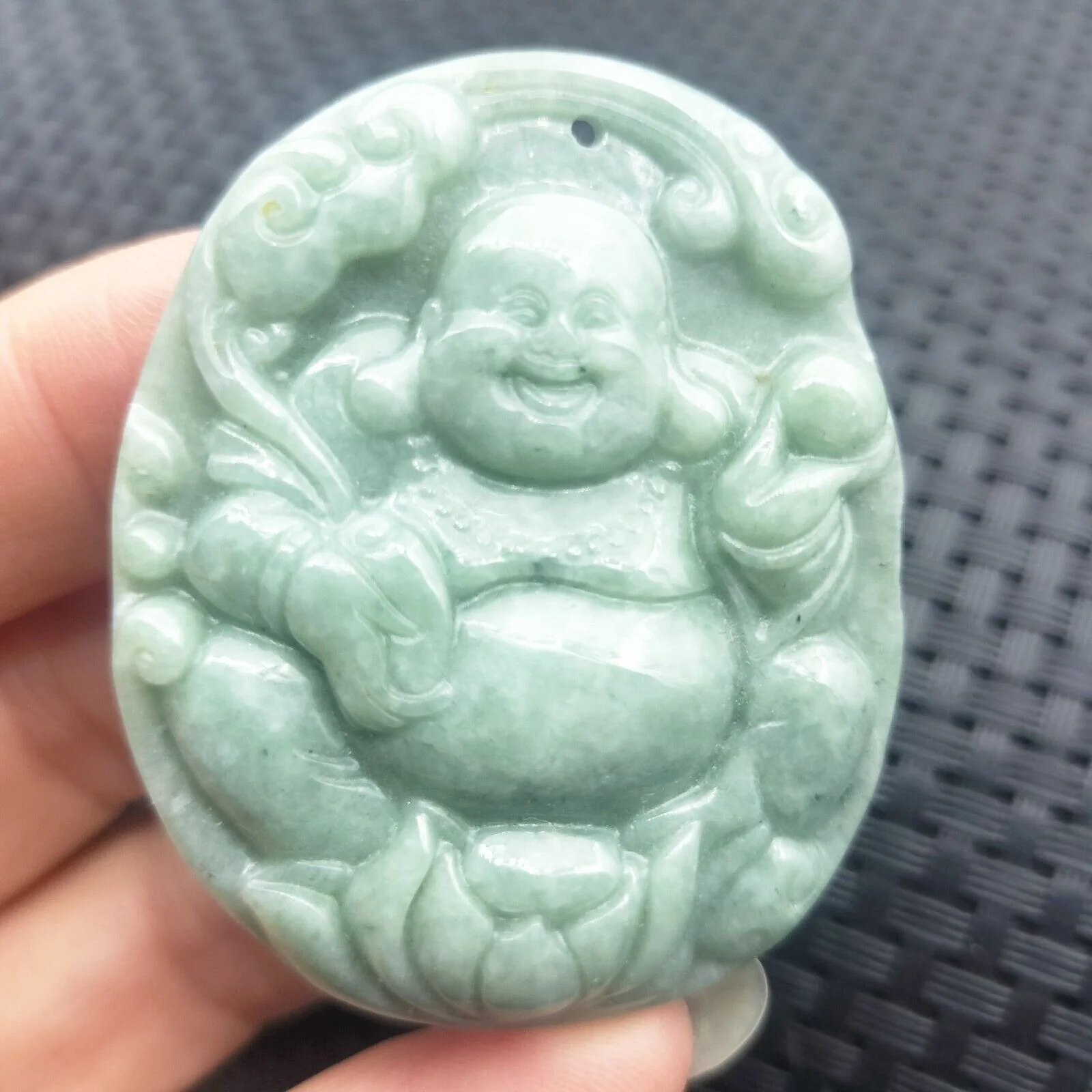 Certified Green Natural Type A Jade Jadeite Carved Happy Buddha God Ruyi Pendant - Image 3
