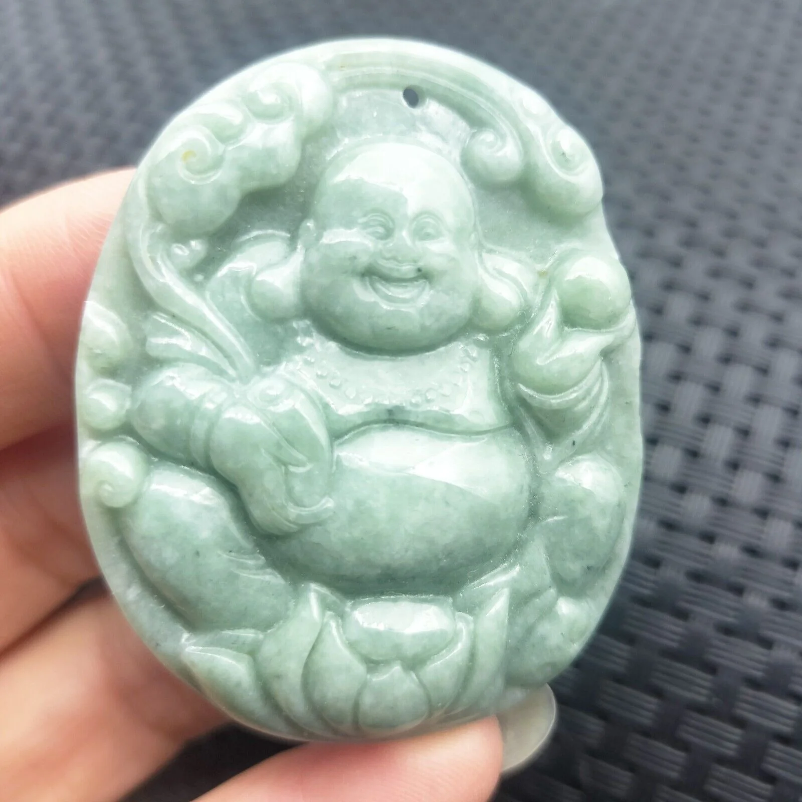 Certified Green Natural Type A Jade Jadeite Carved Happy Buddha God Ruyi Pendant - Image 4