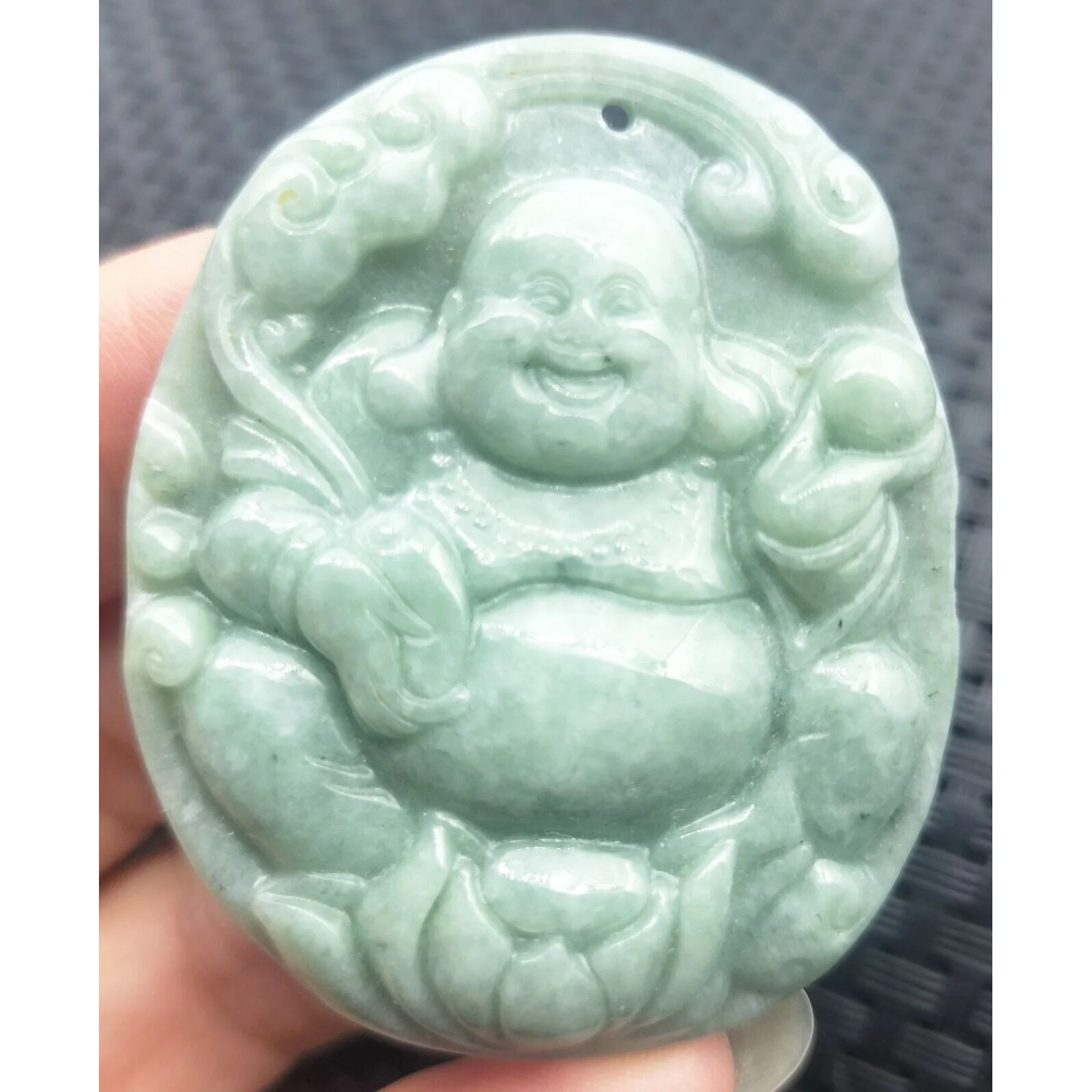 Certified Green Natural Type A Jade Jadeite Carved Happy Buddha God Ruyi Pendant - Image 5