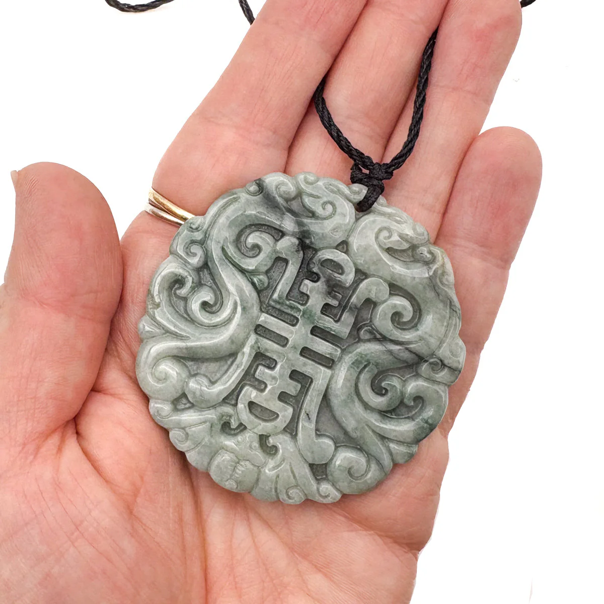 Certified Green Natural Type A Jade Jadeite Carved Longevity Bat Dragon Pendant - Image 10