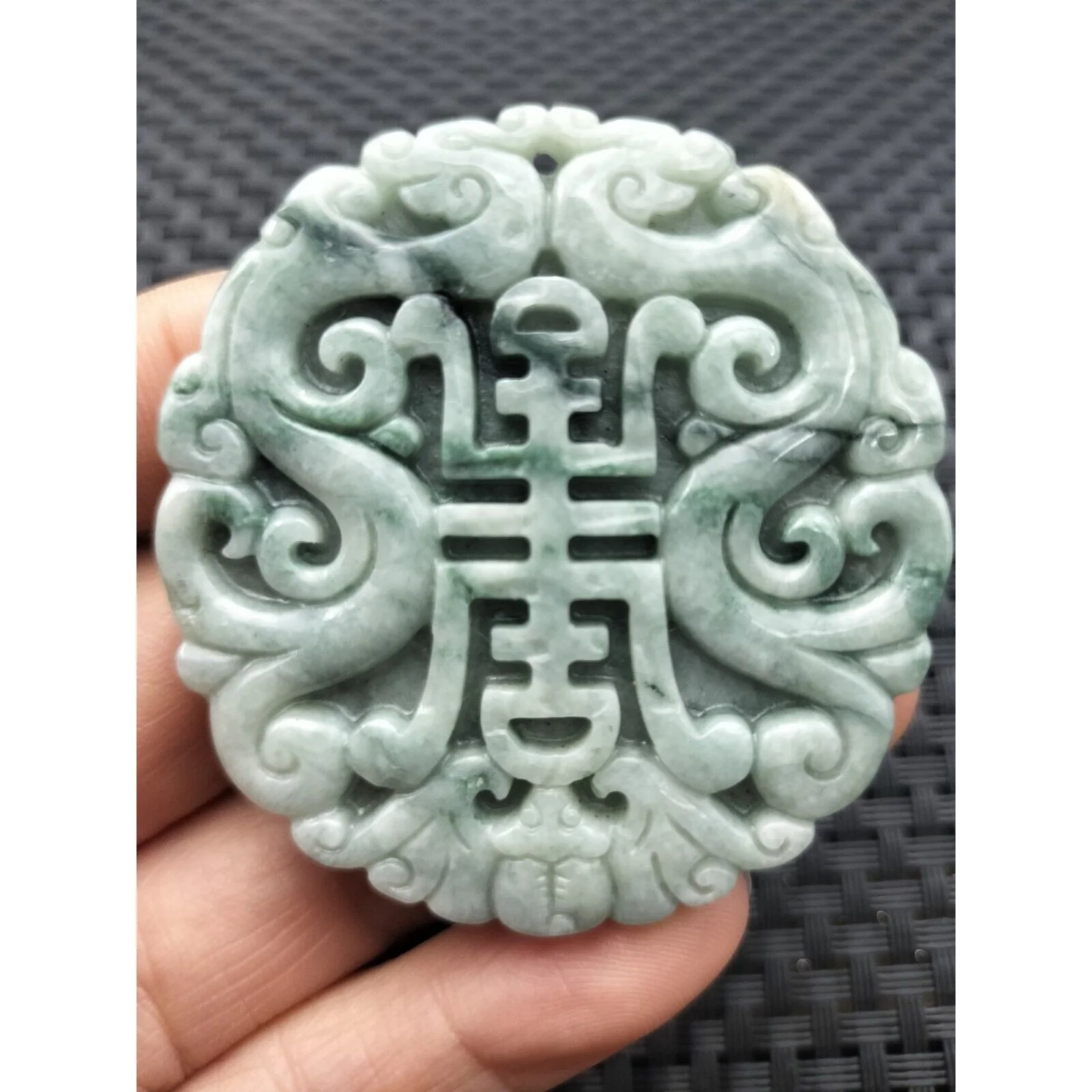 Certified Green Natural Type A Jade Jadeite Carved Longevity Bat Dragon Pendant - Image 12