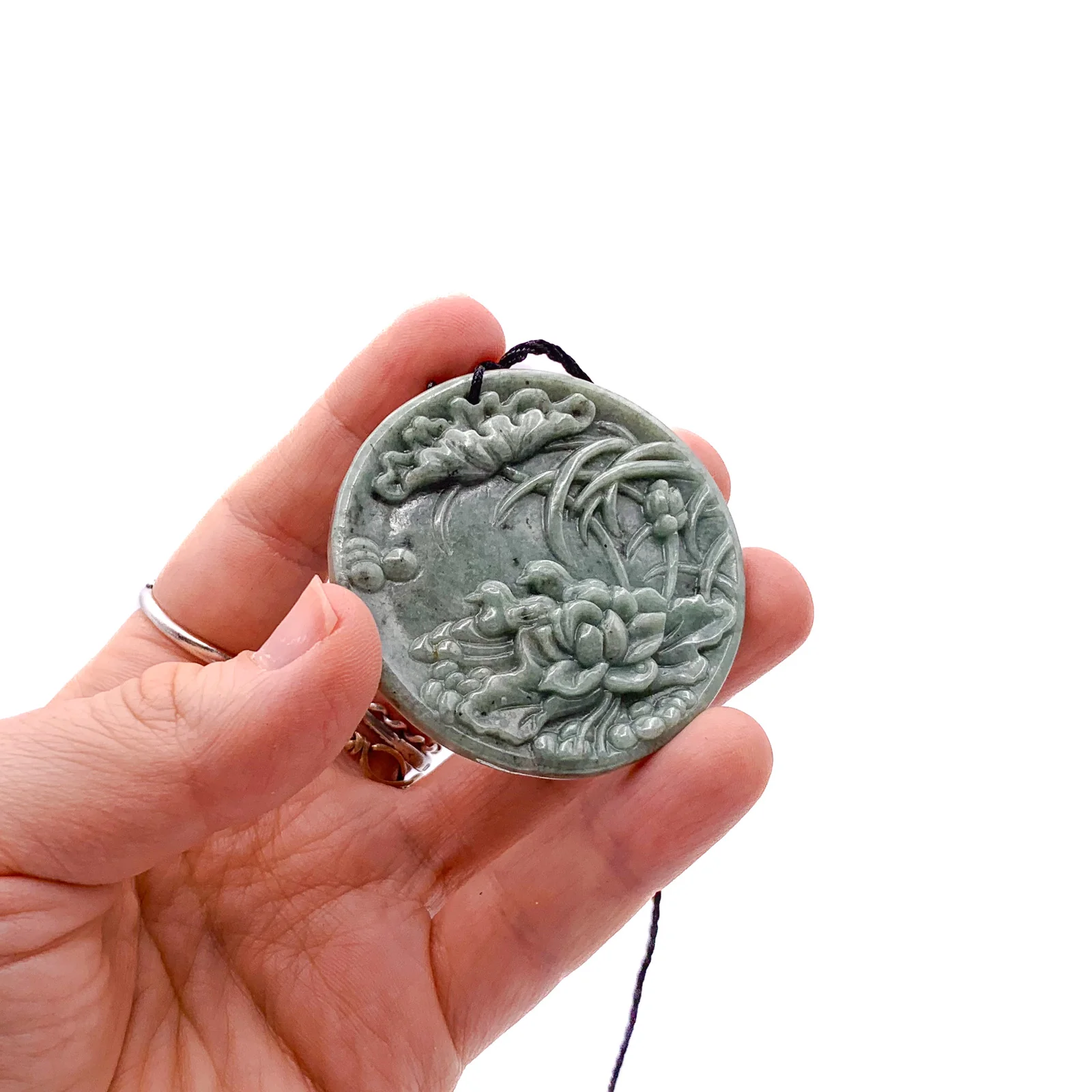 Certified Green Natural Type A Jade Jadeite Carved Mandarin Duck Lotus Pendant Necklace - Image 2