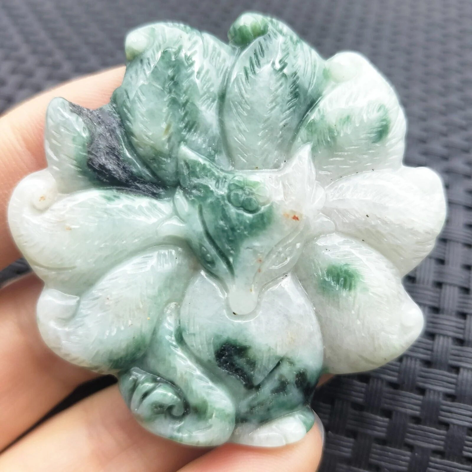 Certified Green Natural Type A Jade Jadeite Carved Nine-Tailed Fox Pendant - Image 2