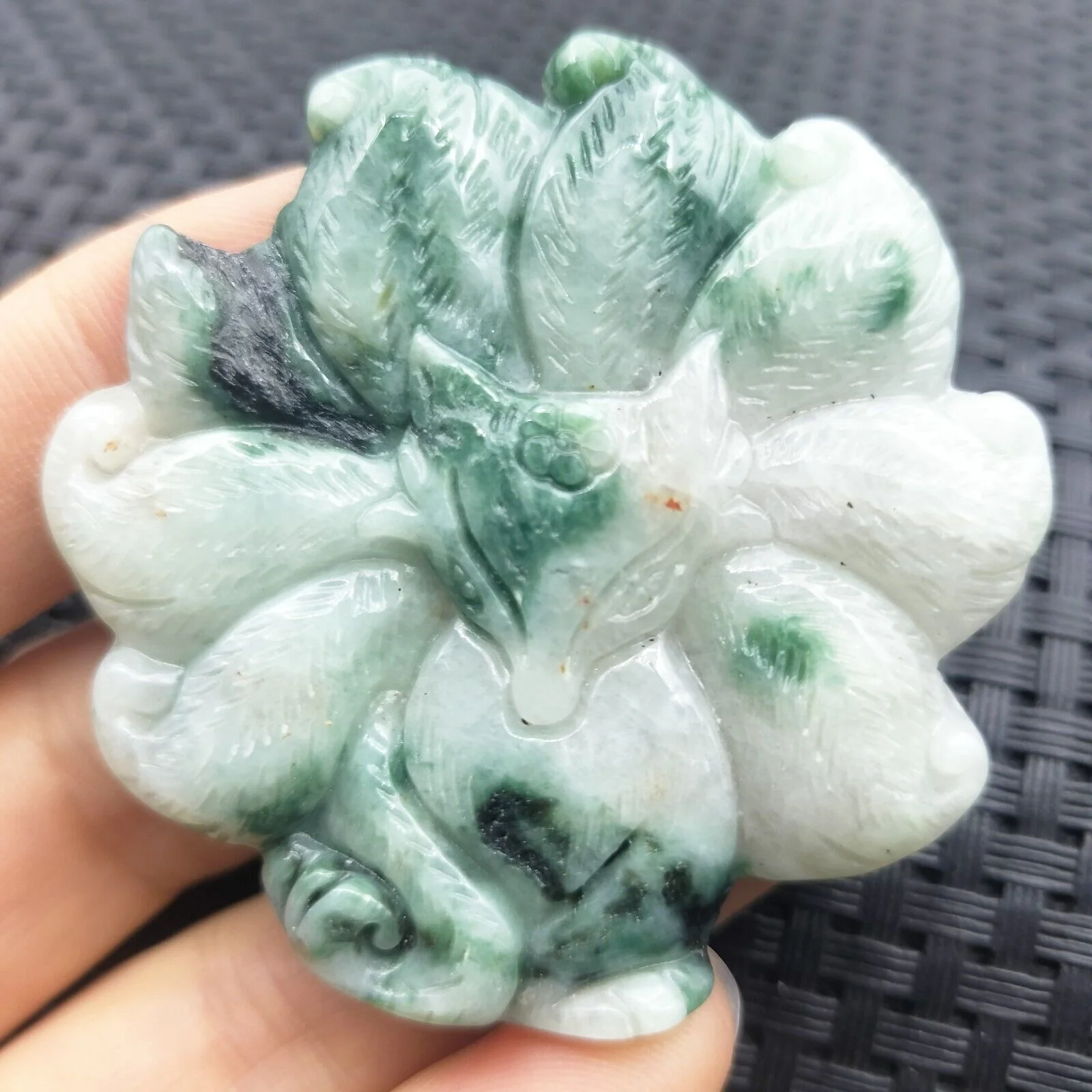 Certified Green Natural Type A Jade Jadeite Carved Nine-Tailed Fox Pendant - Image 3