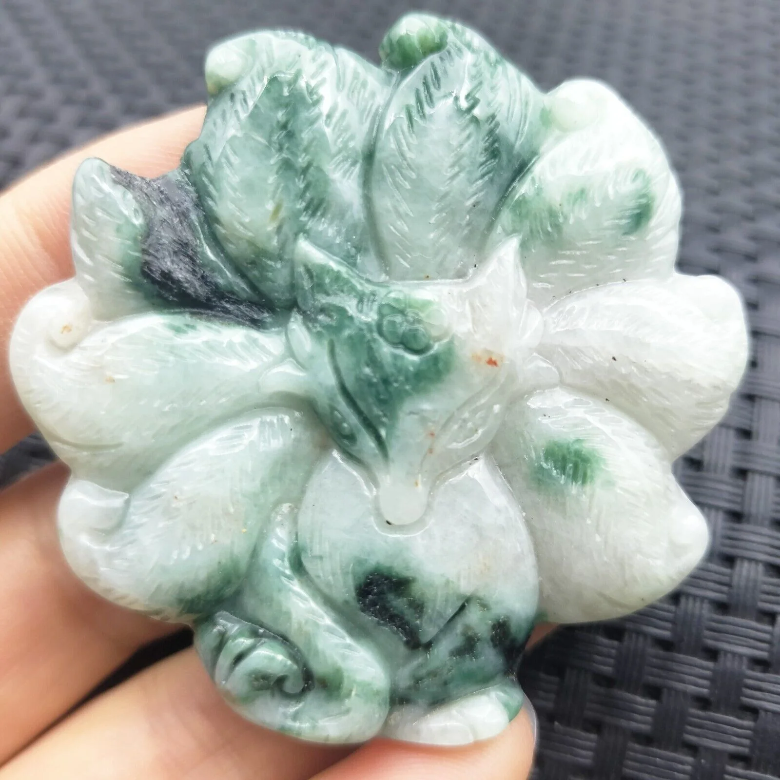 Certified Green Natural Type A Jade Jadeite Carved Nine-Tailed Fox Pendant - Image 4