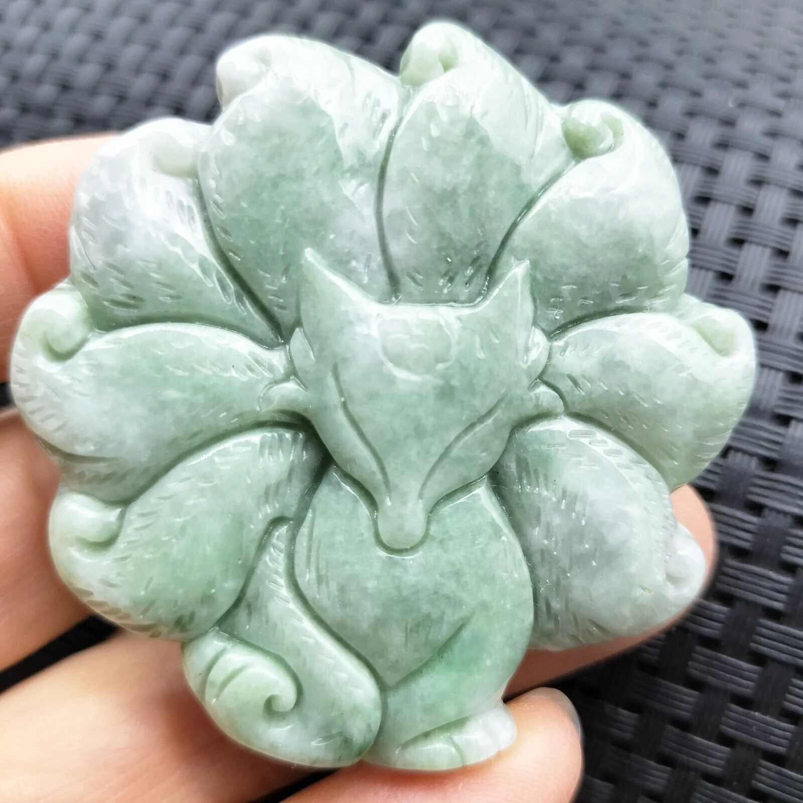 Certified Green Natural Type A Jade Jadeite Carved Nine-Tailed Fox Pendant - Image 3