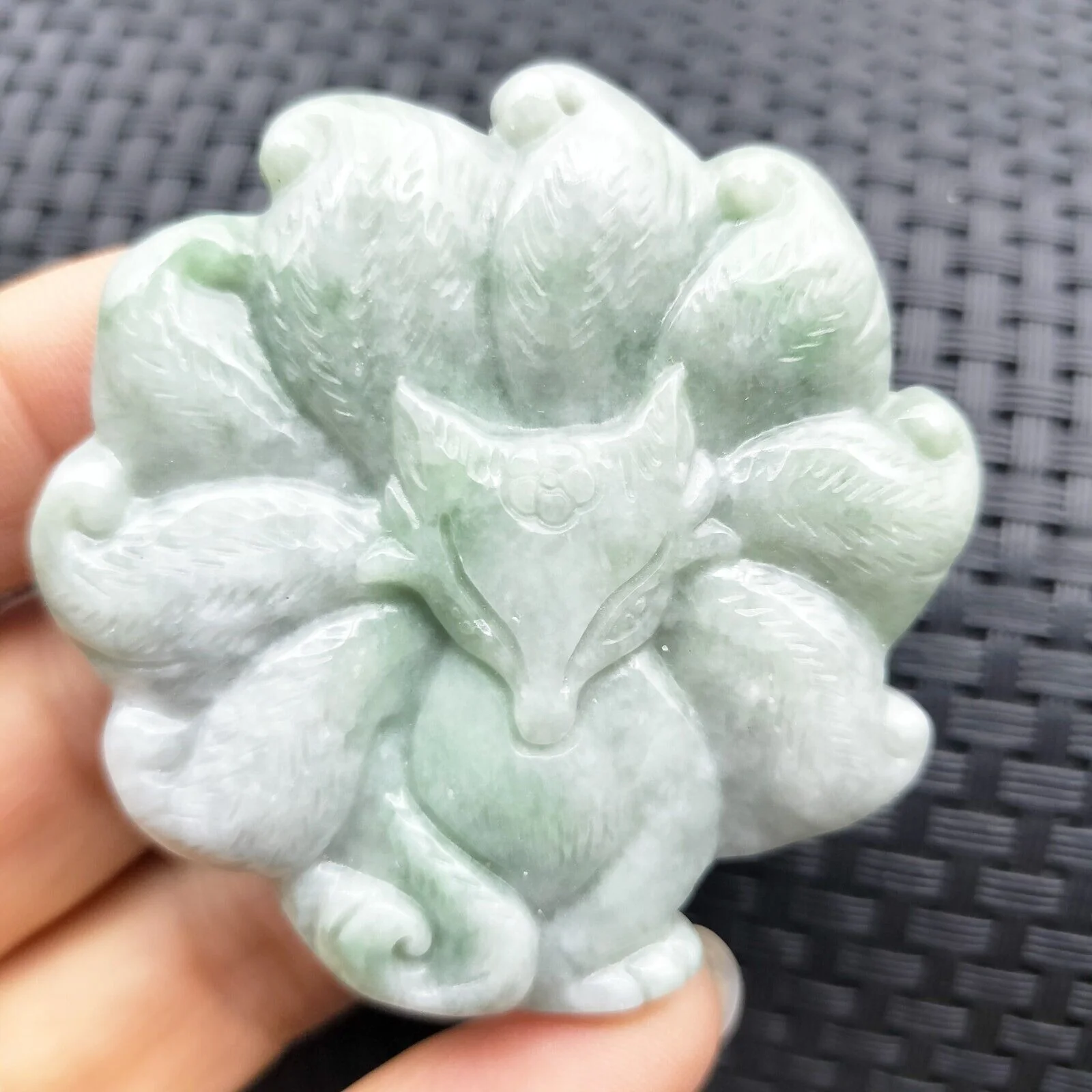 Certified Green Natural Type A Jade Jadeite Carved Nine-Tailed Fox Pendant - Image 2