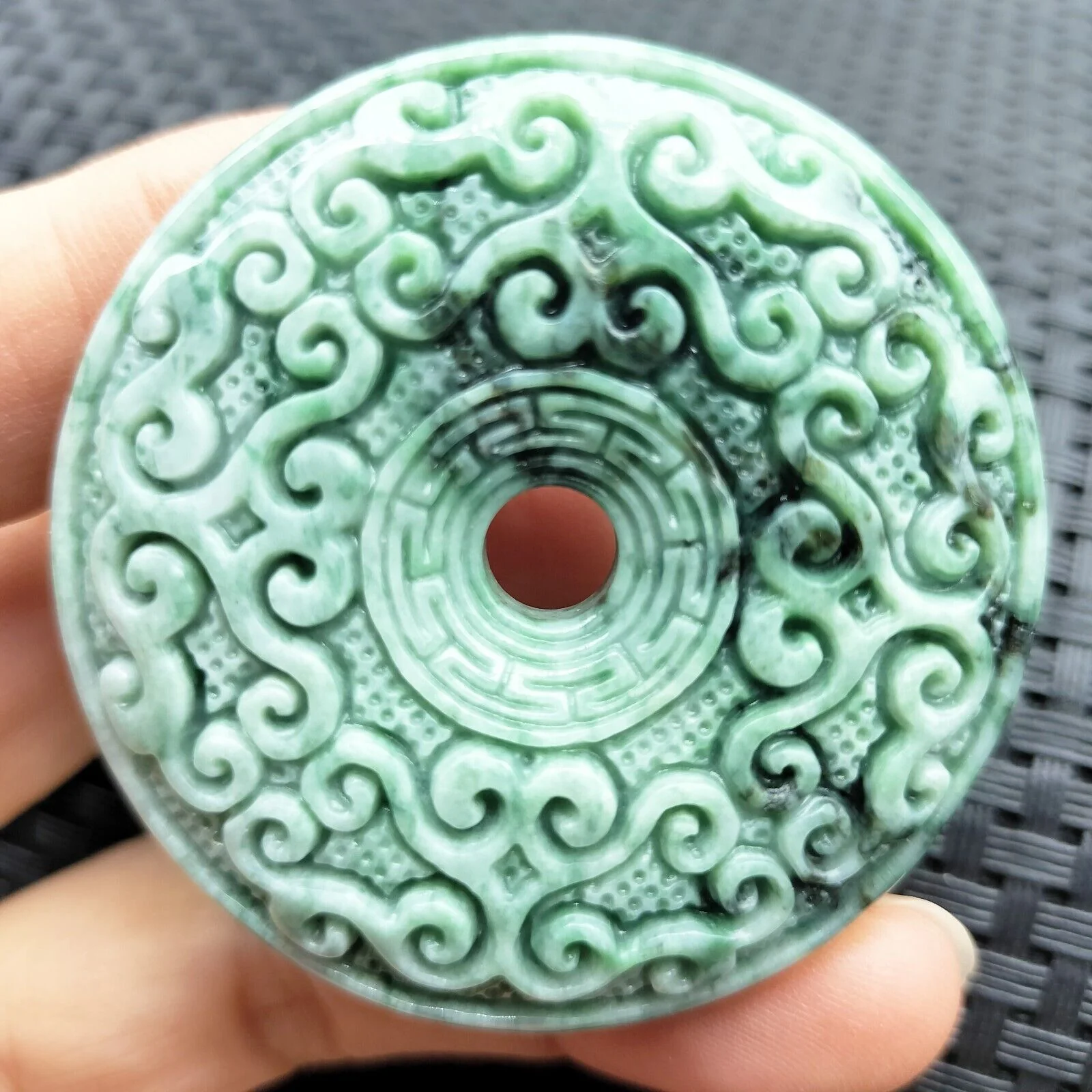 Certified Green Natural Type A Jade Jadeite Moire Safety Circle Donut Pendant - Image 10