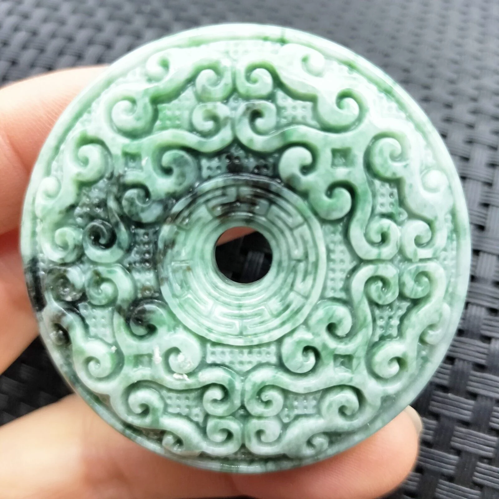 Certified Green Natural Type A Jade Jadeite Moire Safety Circle Donut Pendant - Image 2