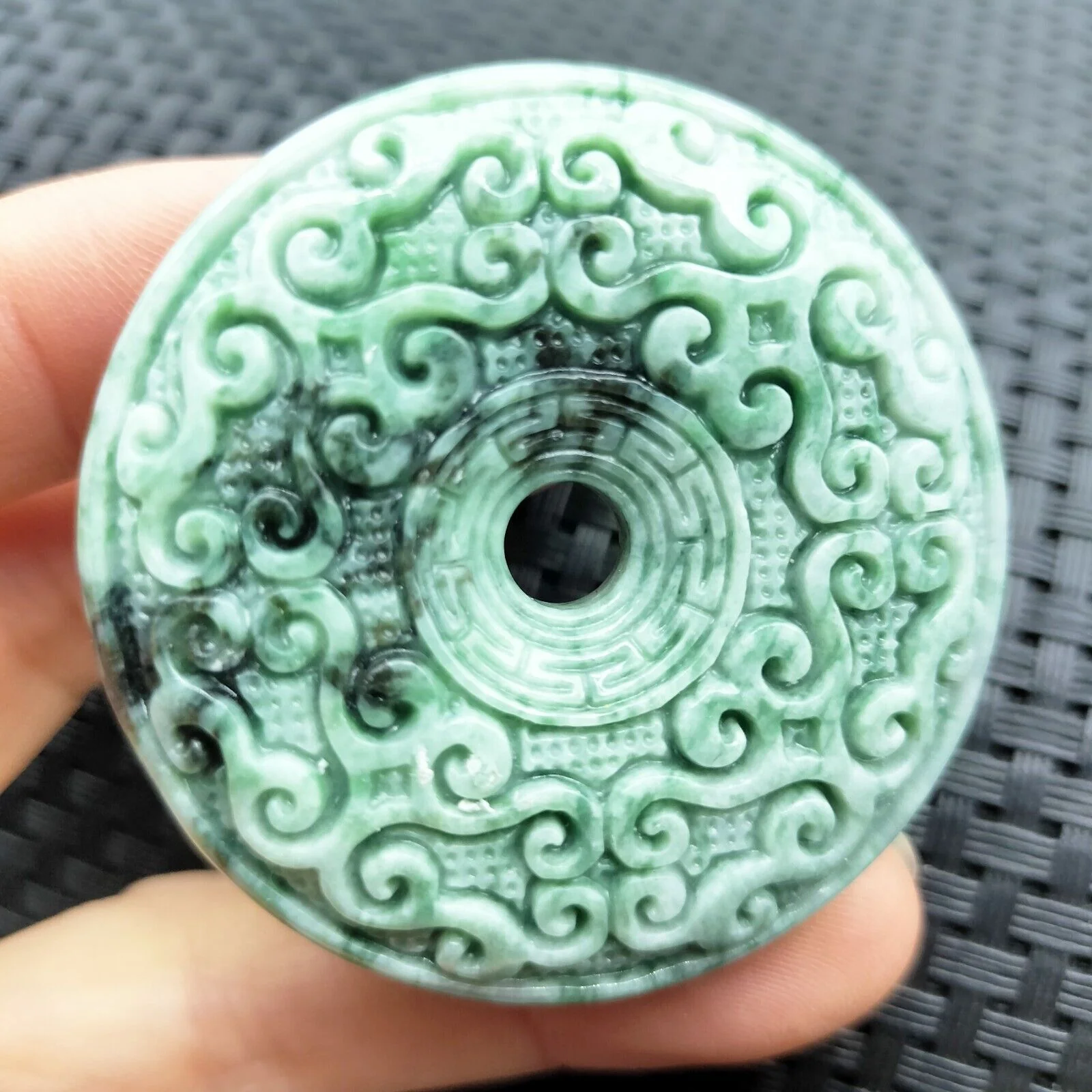 Certified Green Natural Type A Jade Jadeite Moire Safety Circle Donut Pendant - Image 3