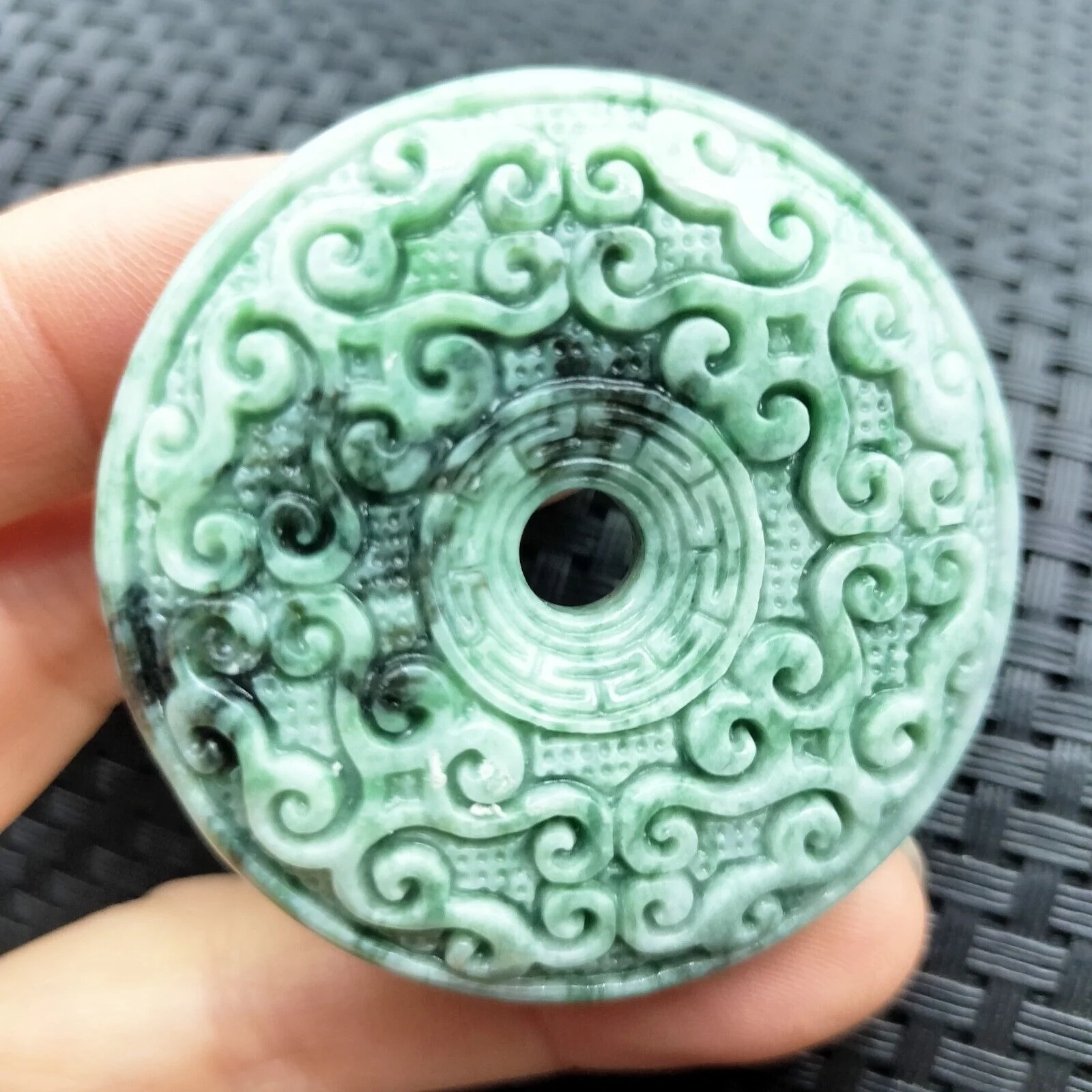 Certified Green Natural Type A Jade Jadeite Moire Safety Circle Donut Pendant - Image 6