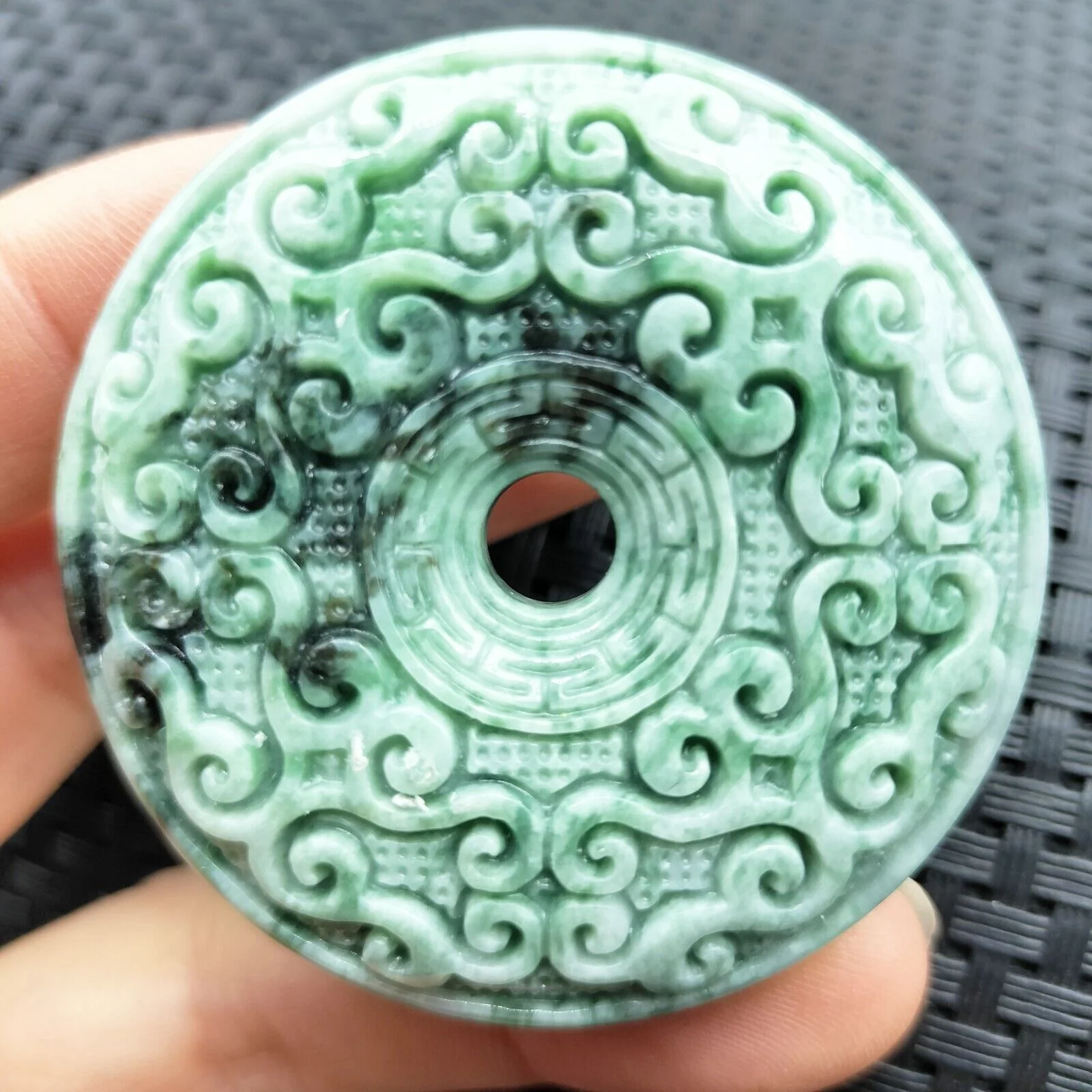 Certified Green Natural Type A Jade Jadeite Moire Safety Circle Donut Pendant - Image 7