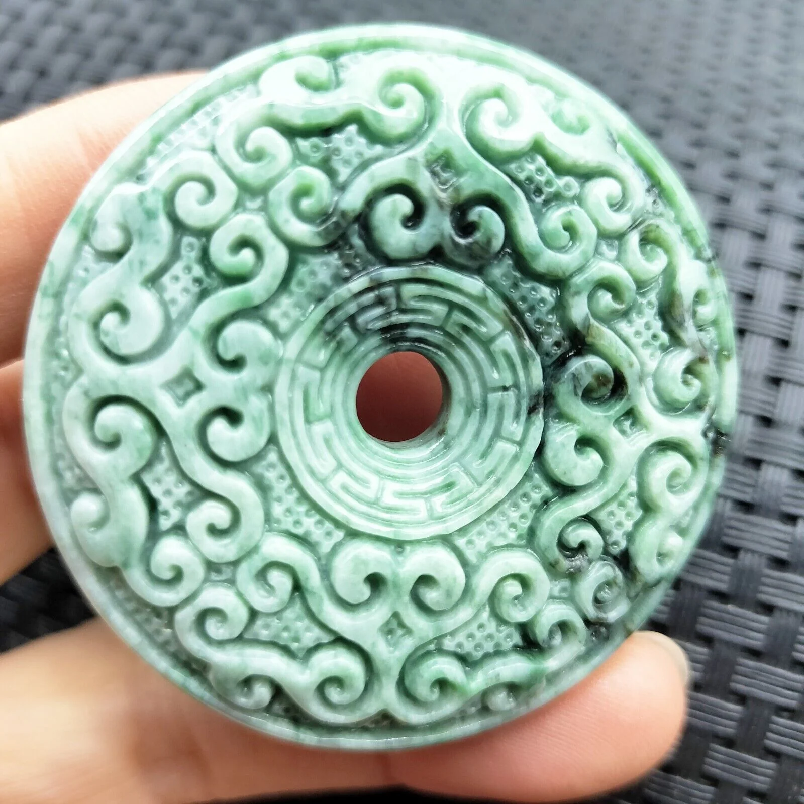 Certified Green Natural Type A Jade Jadeite Moire Safety Circle Donut Pendant - Image 8